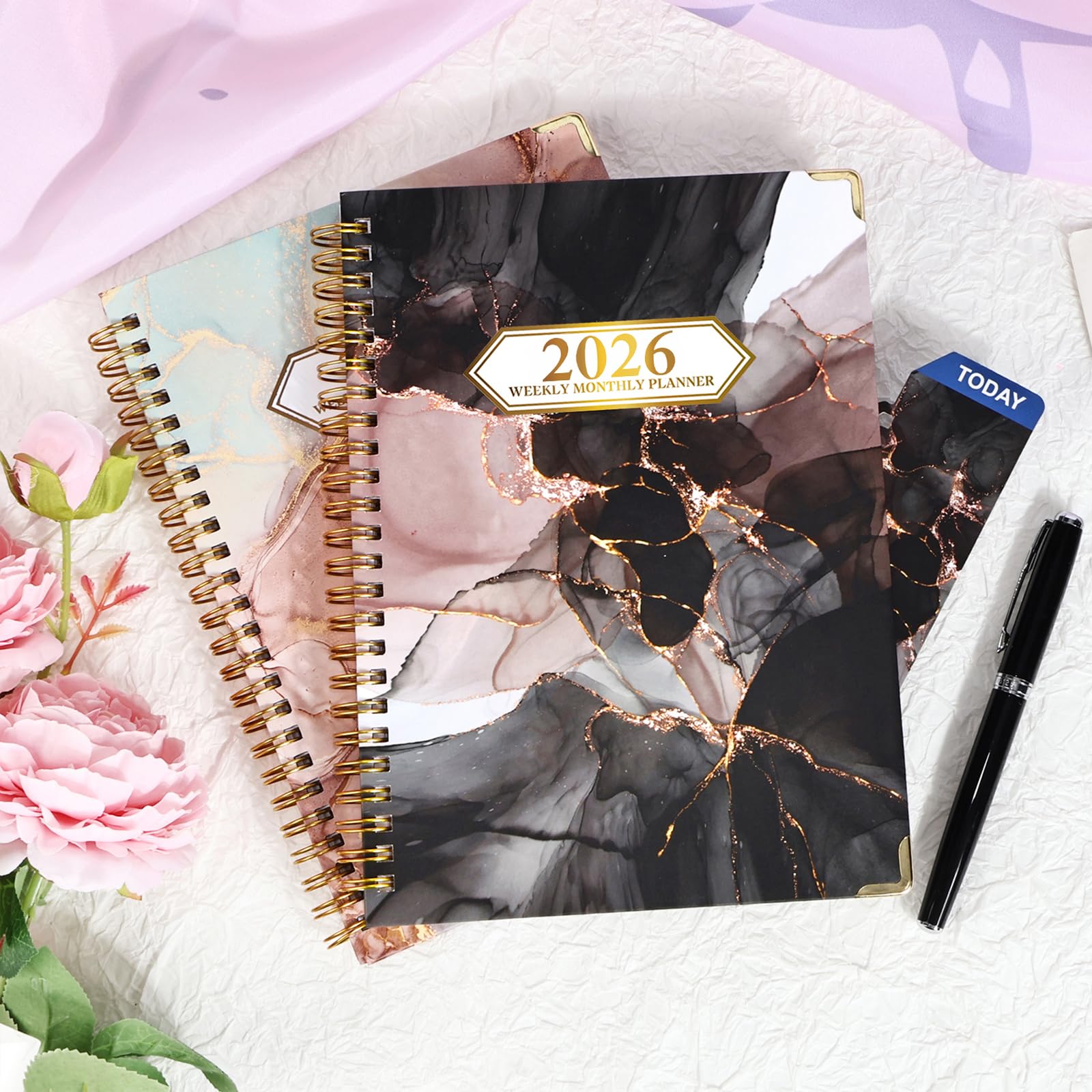 Knagsfa 2026 Planner, Jan.2026 - Dec.2026 Weekly Monthly Planner 6.25"x8.5" with Page Tabs, Calendar Hardcover with Inner Pocket, Elastic Band, Twin-Wire Binding, Bookmark, Black Pink Marble - Image 2