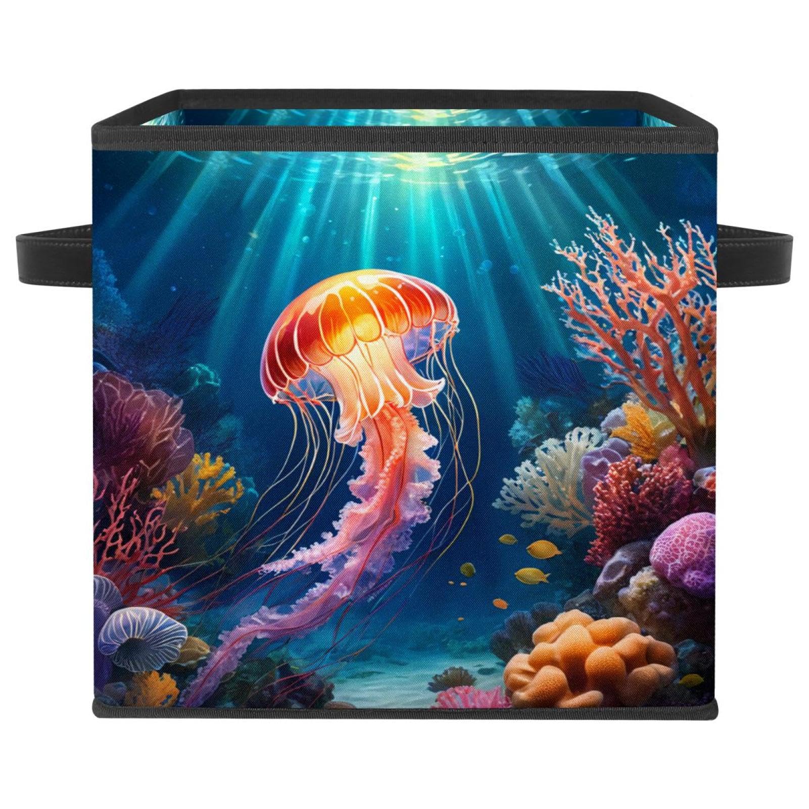 Boîte de rangement pliable rigide et durable à motif méduse et poignées en cuir