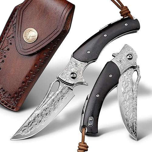 SPIRIT DEED Cuchillo de bolsillo plegable de acero de Damasco VG10 japonés hecho a mano de 3.5 pulgadas para hombres y mujeres, funda de cuero de