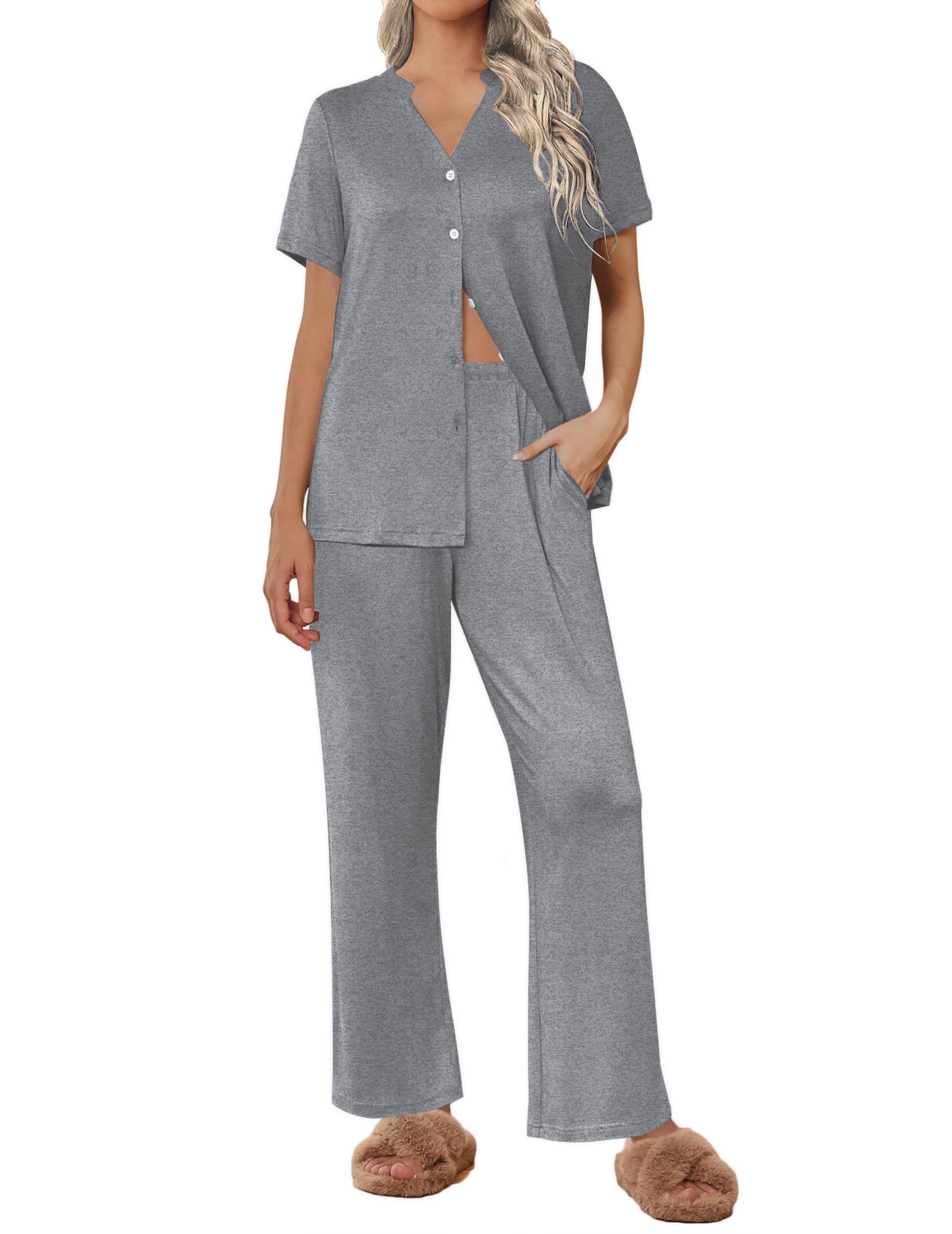 Ekouaer Women Pajamas Set Button Up Pj Sets Short Sleeve Sleepwear with Long Pants Soft Loungewear S-XXL