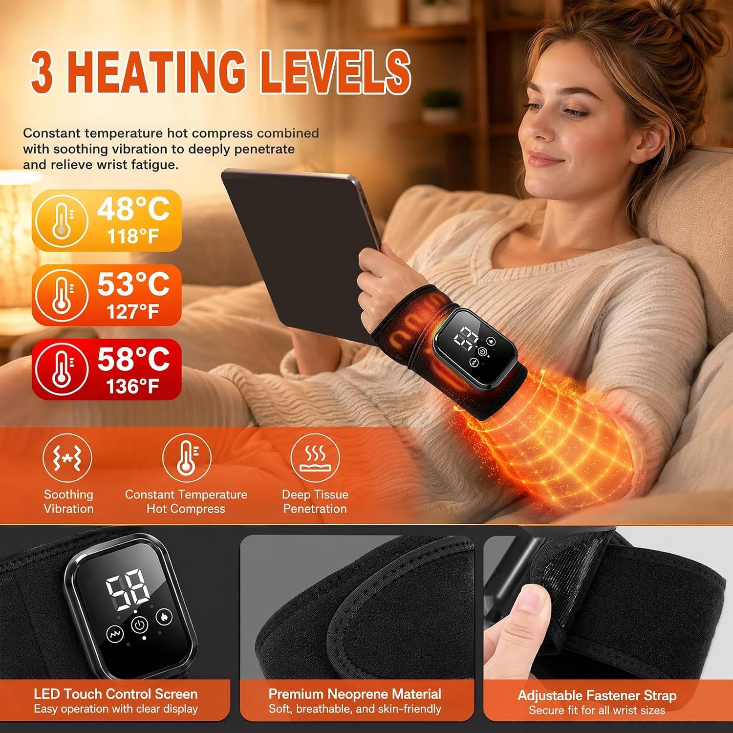 Masajeador de manos con función de calor, muñequera ajustable inalámbrica con 5 modos de masaje y 3 niveles de temperatura, alivio del síndrome del túnel carpiano, artritis y tendinitis，Negro