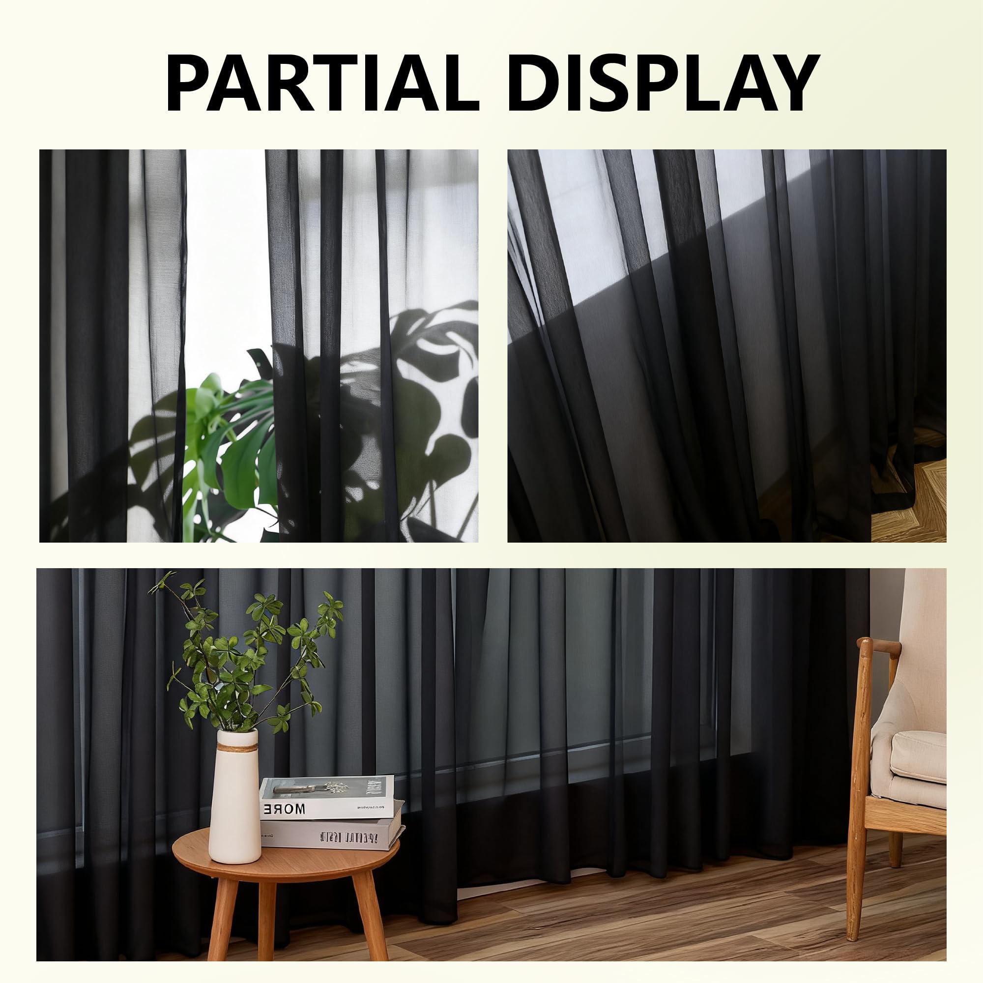 Voile Vorhänge 300 x 220 cm Privatsphäre Transparente Ösenschal Langlebig für Wohnzimmer Fensterschal Lichtdurchlässig Dekoschal Schlafzimmer, Schwarz