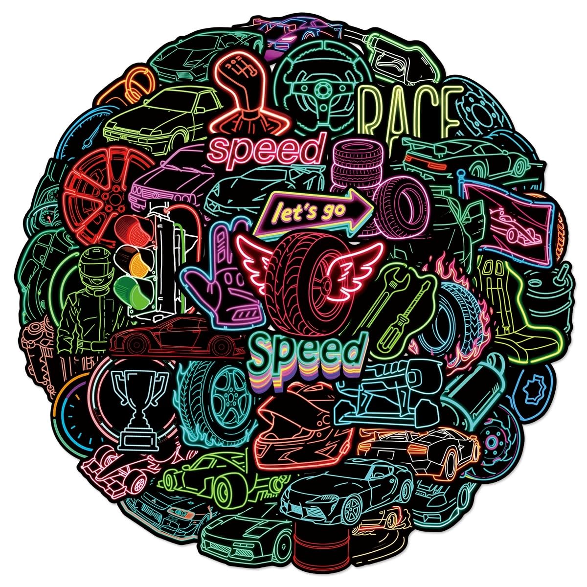 50 PCS Neon Race Car Theme Stickers,Racing Sticker Pack Vinyl Skateboard Guitar Door Laptop Luggage Car Bike Water Bottle Birthday Party Supplies Teens Boys and Girls Decals โ image 1