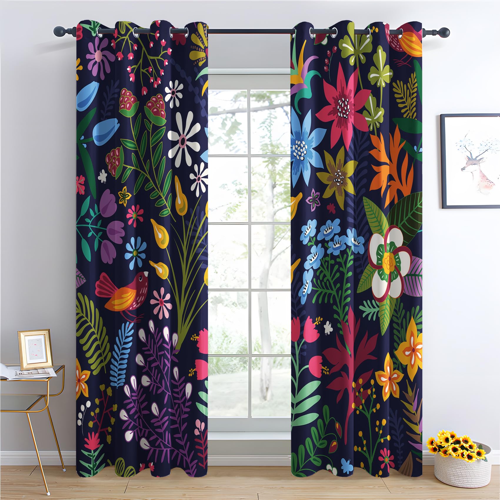 Vorhänge Wildblume - Bunt Floral Botanische Fenster Gardinen mit Ösen, Vorhang Blickdicht Verdunklungsvorhänge Thermovorhang für Wohnzimmer Schlafzimmer Deko 2er Set, H 160 x B 140 cm U-#180