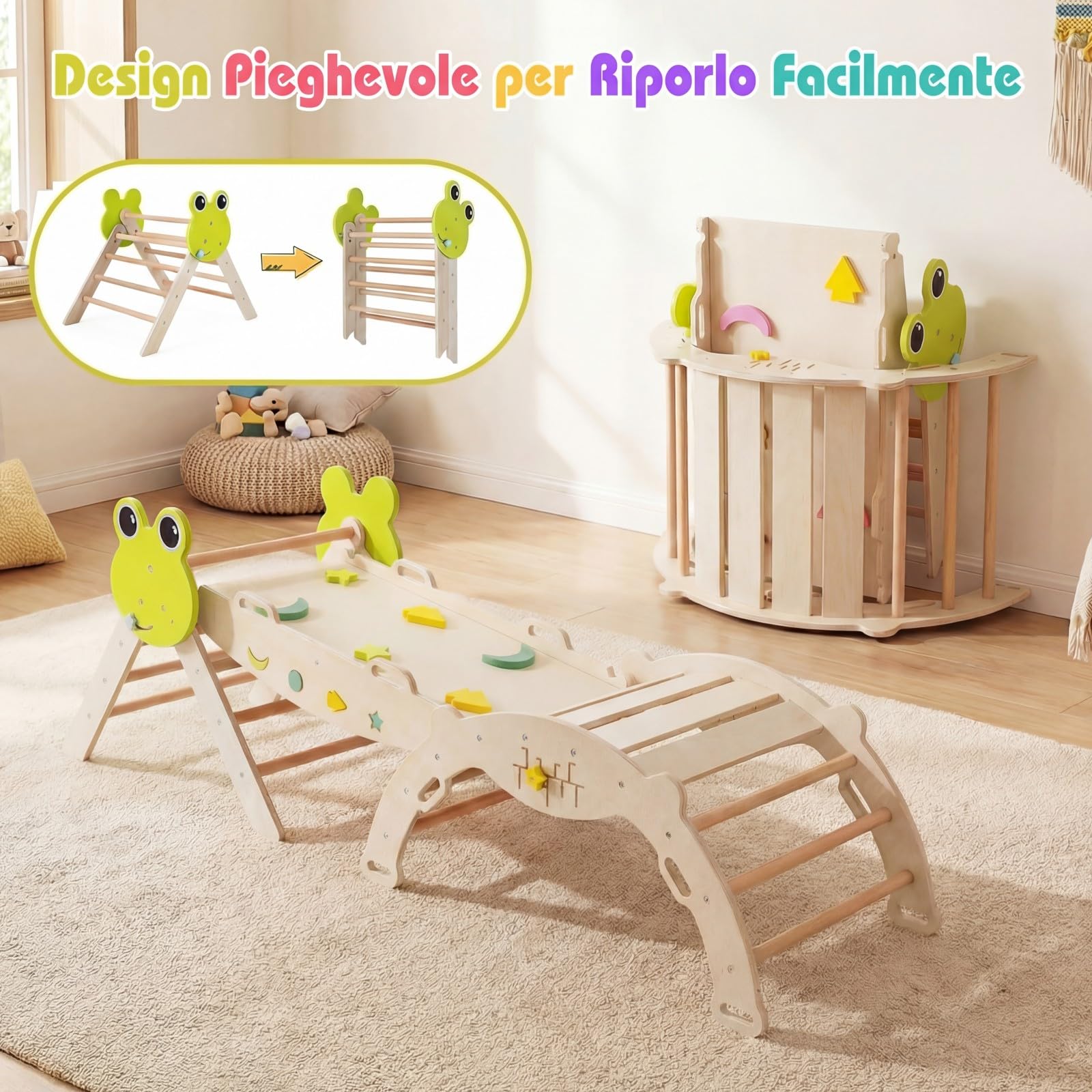 RELAX4LIFE Set da Arrampicata per Bambini, Triangolo di Arrampicata con Scivolo e Arco, Gioco di Incastri in Legno, Gioco Montessori per Bambini 1+ Anni