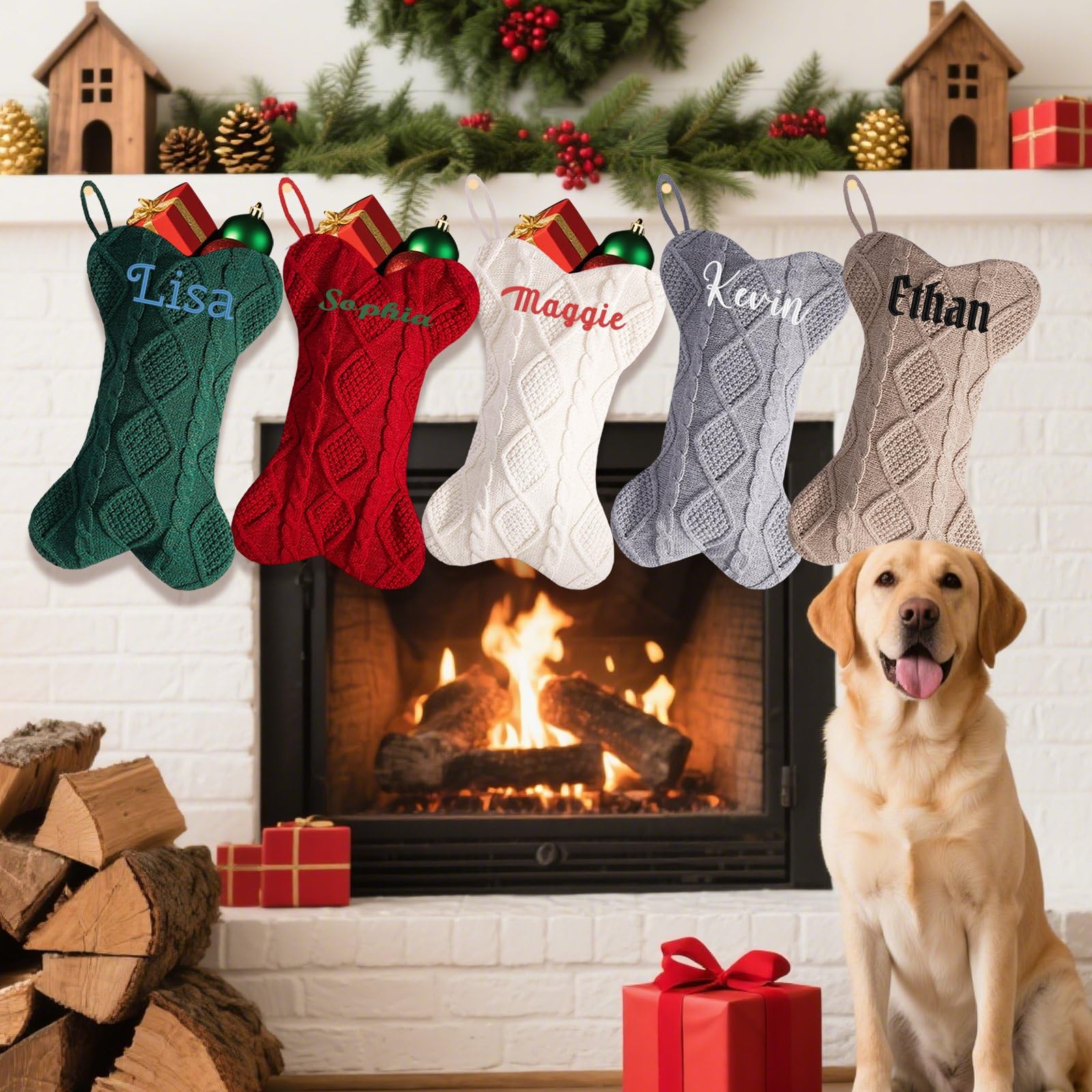 10 calcetines de Navidad grandes de 16.5 pulgadas con nombre bordado personalizado para la familia, calcetines de Navidad con nombre para colgar en la chimenea, decoración de fiesta de Navidad