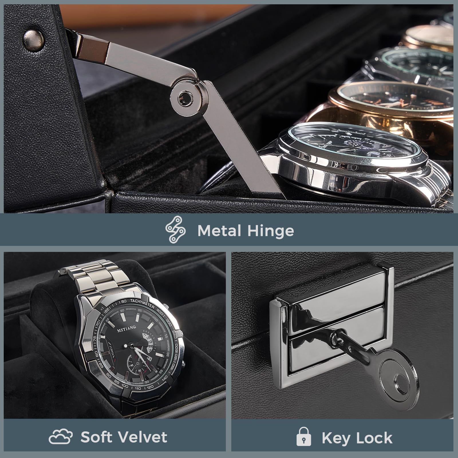 Scatola porta orologi a 6 scomparti per uomo, organizer per orologi da uomo in pelle PU con morbido cuscino, contenitore per collezione di orologi con chiusura a chiave e coperchio in vetro,