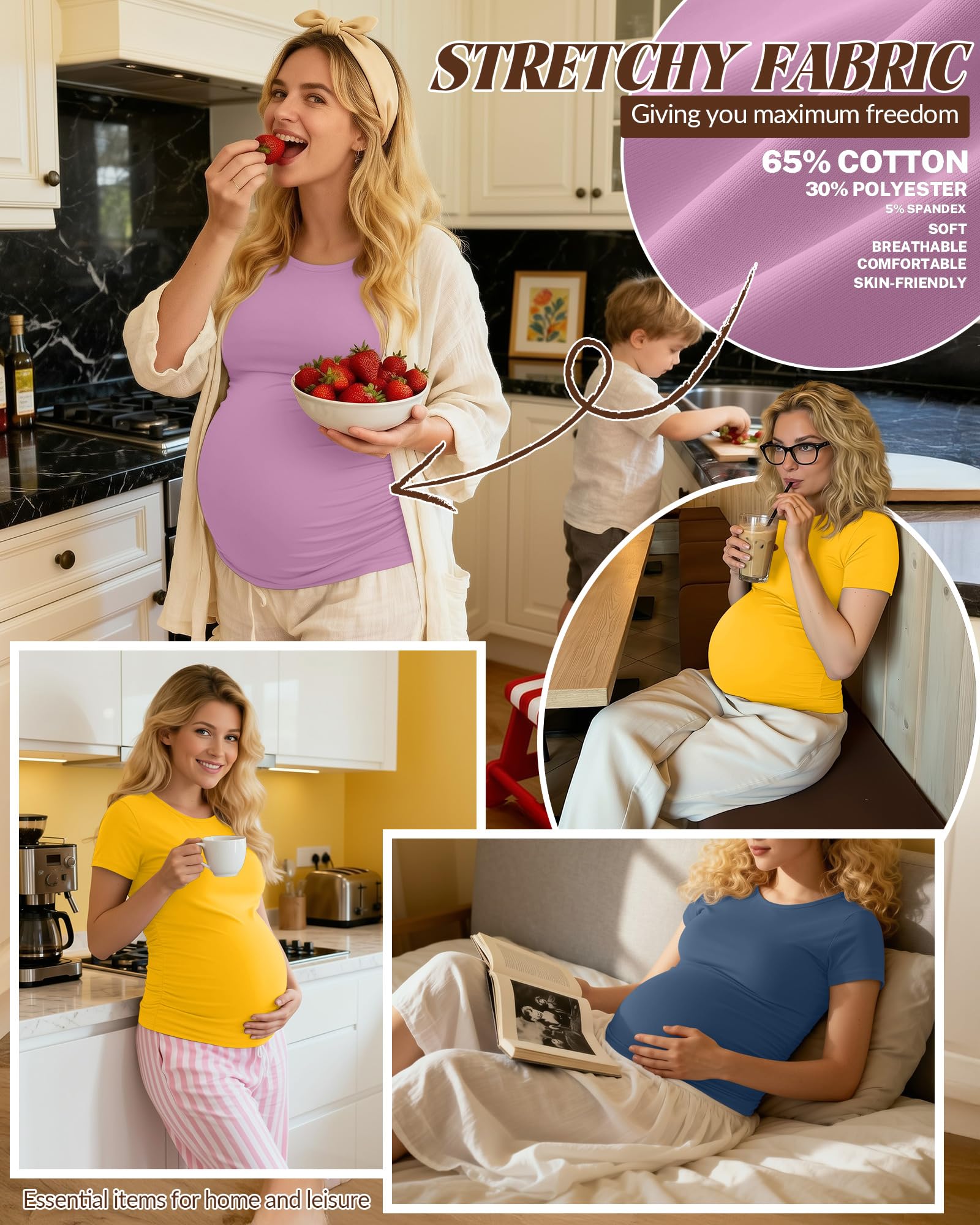 Geyoga Lot de 4 T-Shirts de Maternité pour Femme, à Manches Courtes, Col Rond, Coupe Décontractée avec Fronces sur Les Côtés