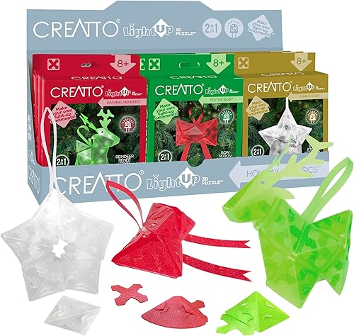 Creatto Holiday Classics - Reno salpicado, estrella brillante, arco festivo iluminado, kit de rompecabezas 3D | Juego de regalo de 12 piezas |
