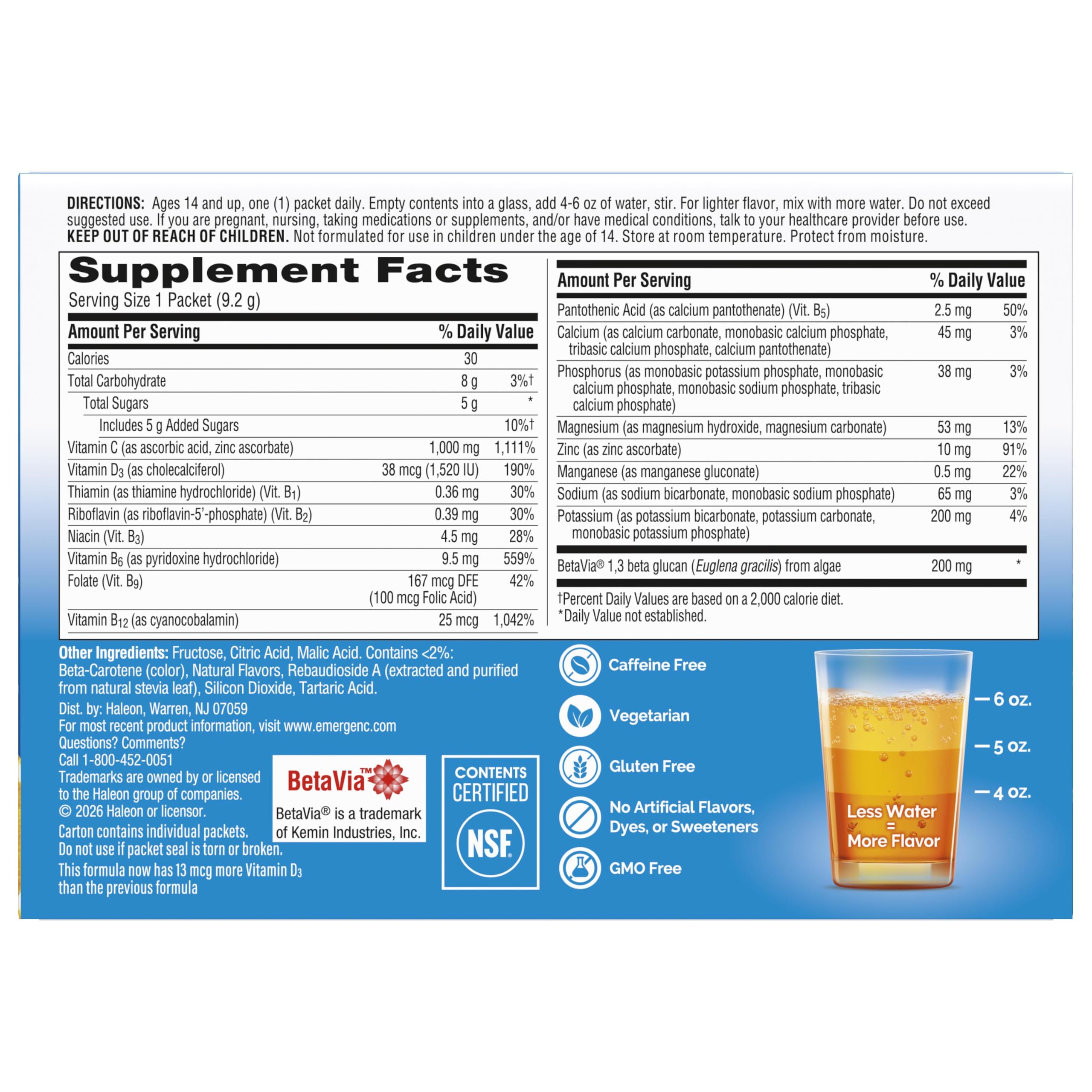 Emergen-C Immune+ Triple Action Immune Support Powder, BetaVia (R), 1000 mg Vitamin C, B Vitamins, Vitamin D and Antioxidants, Super Orange – 30 Count — Amazon image 10