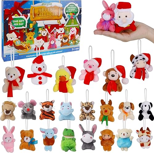 Juegoal Paquete de 24 mini juguetes de peluche de animales, juego de llaveros de animales de peluche, calendario de Adviento de Navidad, surtido de