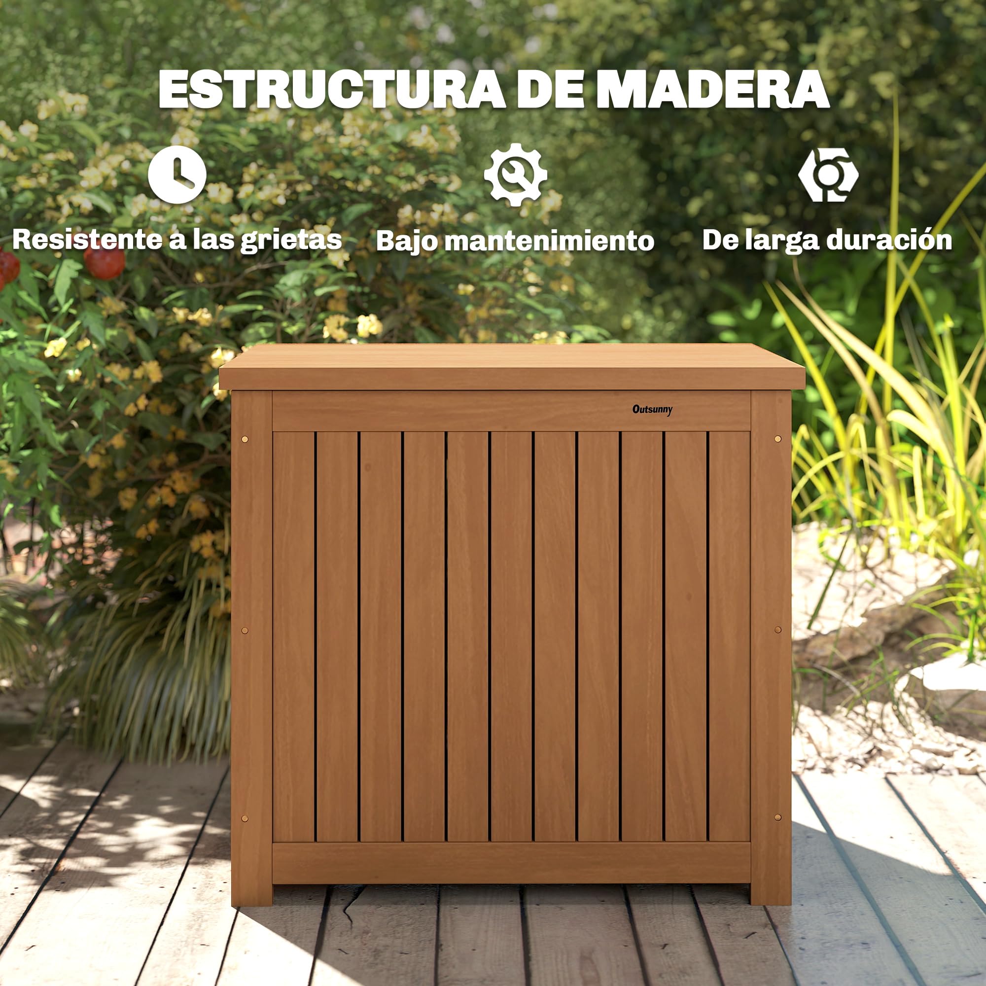 Outsunny Arcón Exterior de Madera 130L Impermeable 63x51x58,5 cm Marrón | Baúl Almacenaje Exterior con Forro, Tapa con Bisagras y Correa, Resistente a la Intemperie, para Jardín Terraza Patio