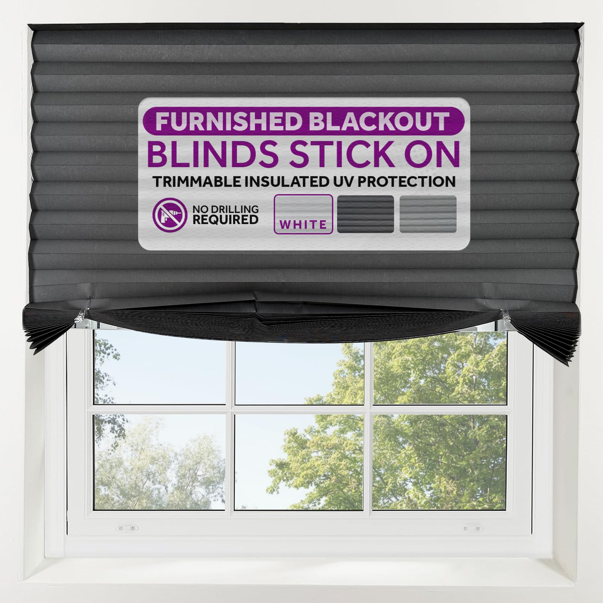 Furnished Grey Blackout Blinds Stick On - Portable No Drill Blind, Temporary Blackout Cover, No Drilling Pleated Shades, Stick-On Black Out Blinds Window, Removable Blockout Shutters, 115W X 150H Cm