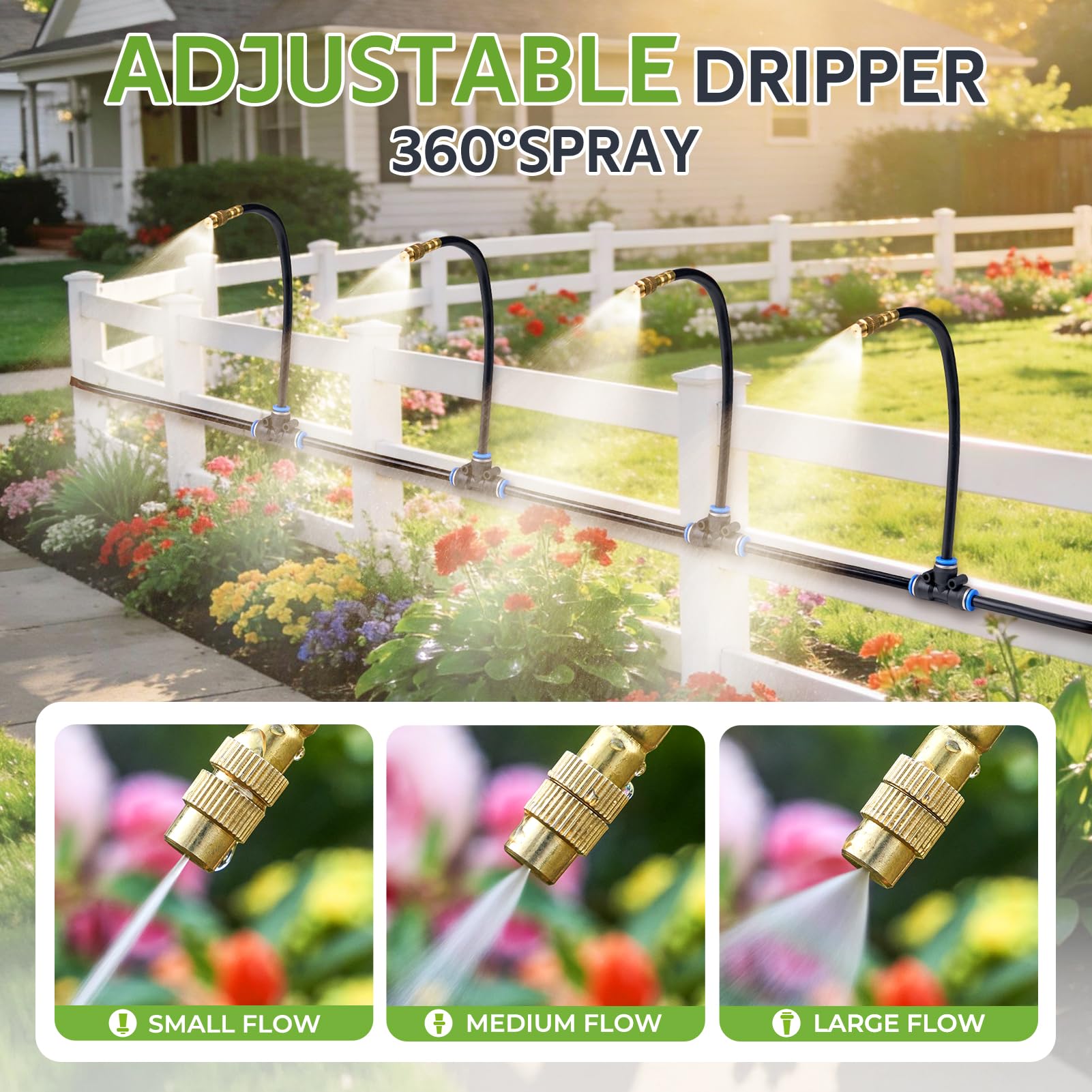 HIRALIY Sistema de riego por goteo ajustable de 360° de 165 pies, tubo de 1/4 pulgadas con boquillas de cobre ajustables, kit de riego atomizador automático para jardín, patio, césped, invernadero y