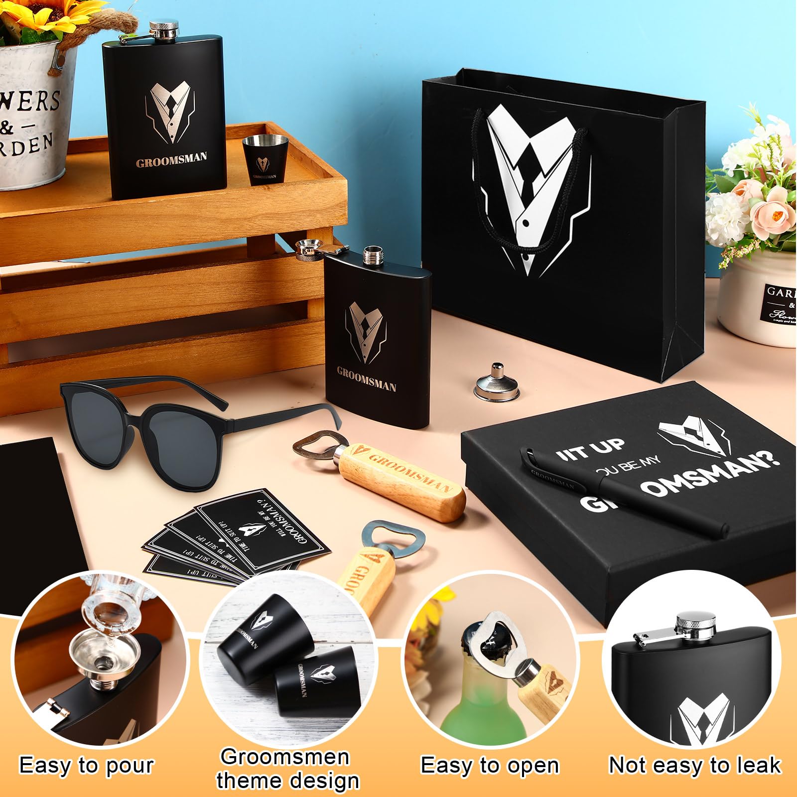 Layhit 9 Pcs Groomsmen Proposal Gifts Set of 1 Wedding Party Gift Including 1 Flask 2 Stainless Steel Shot Glass 1 Wood Bottle Opener 1 Pen 1 Sunglasses 1 Card 1 Box 1 Bag