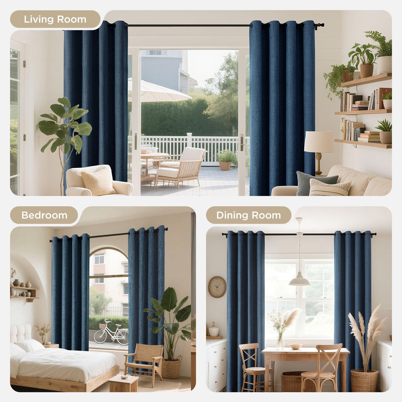 Joydeco Tende 100% oscuranti, foderate, larghezza 117 x lunghezza 137 cm, effetto lino, con occhielli, isolamento termico, con strato posteriore, per soggiorno e camera da letto, blu navy, 2 pannelli