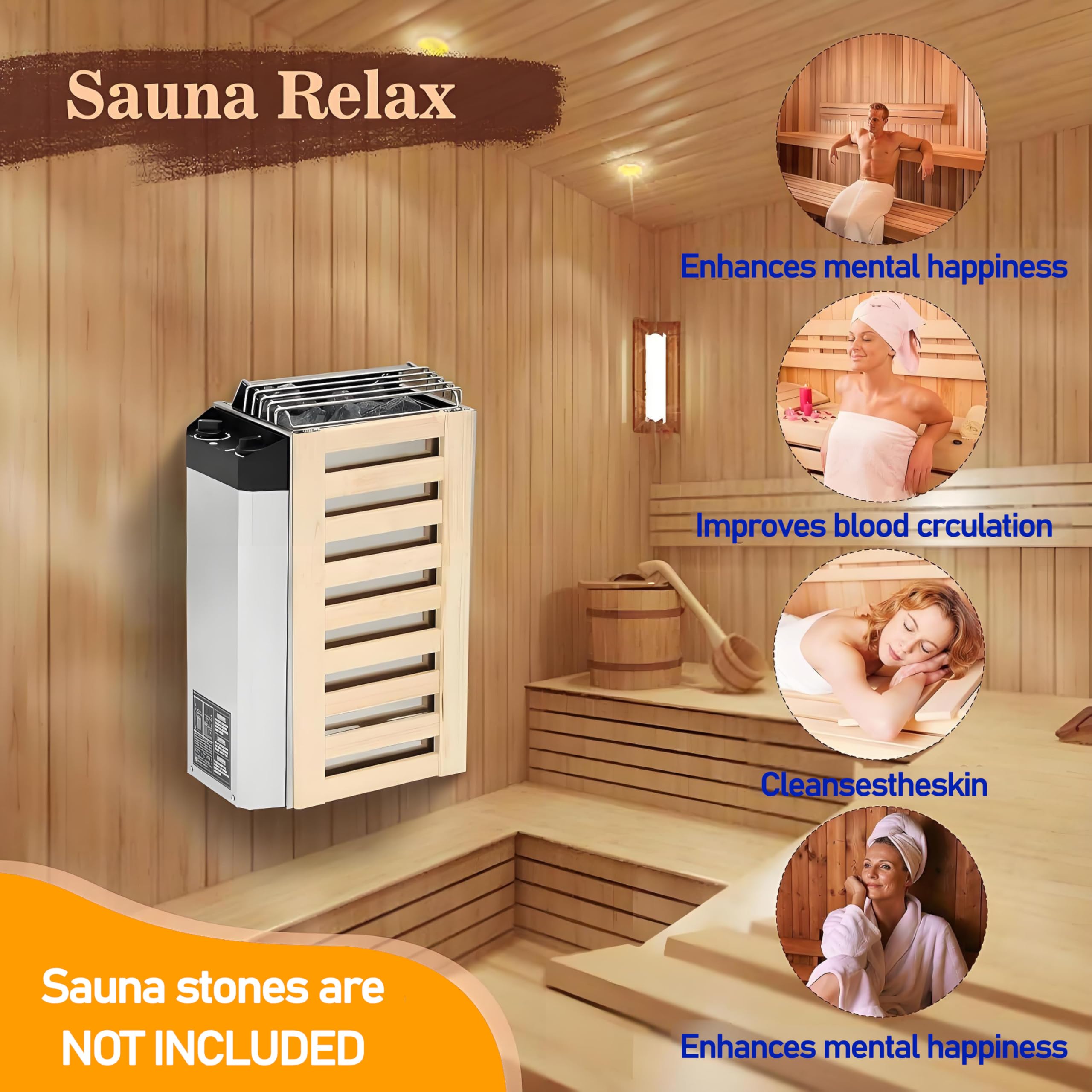 Riscaldatore Elettrico per Sauna da 3 kW/3,6 kW con Controllo del Vapore Integrato, Temperatura Regolabile e Timer di 3 Ore, Ideale per saune domestiche Fino a 160 Piedi cubi (3.6kw)