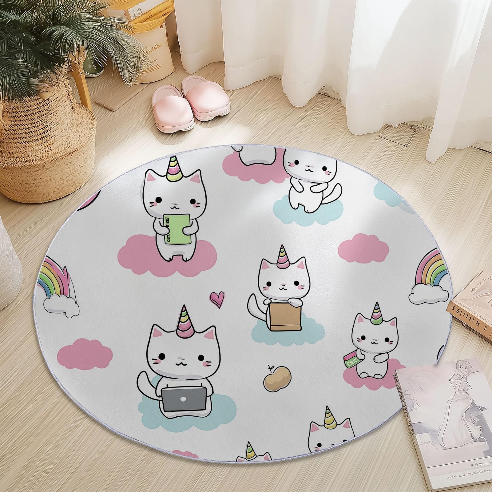 Genérico Alfombra Redonda de Patrón De Unicornio, 120 cm, Estilo Lindo De Dibujos Animados Lavable Grande Redonda, Antideslizante Suave Ultrafina para Dormitorio, Habitación Infantil Cocina, Blanco