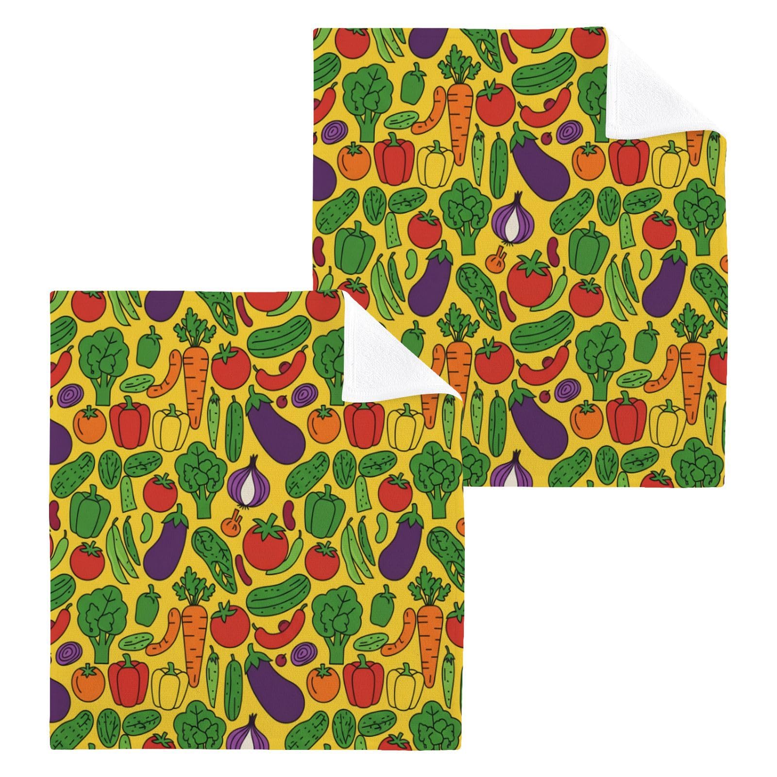 BOESI Doodle Veggie 12x12in Cotton Washcloth,Soft Absorbent Face Towel