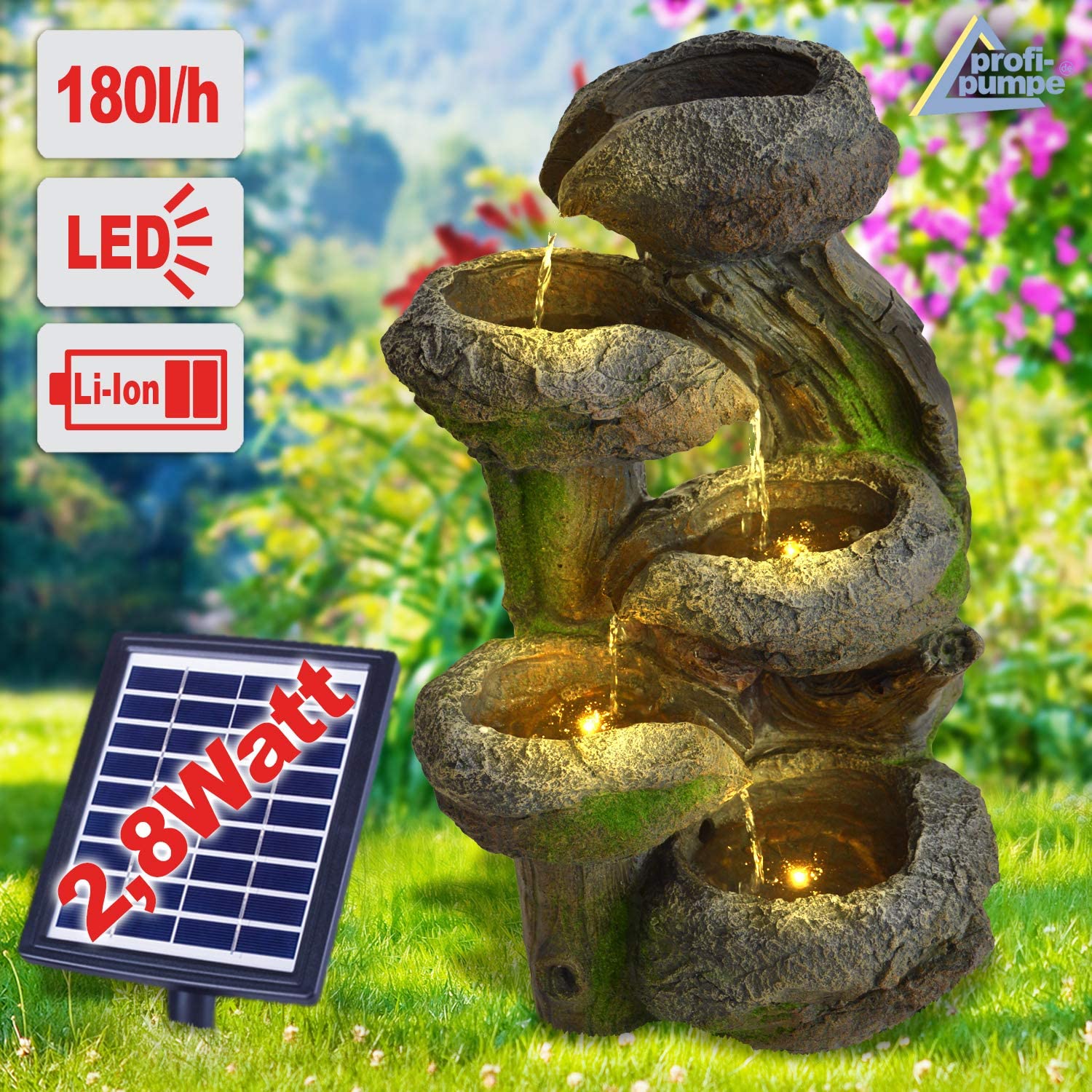 AMUR Fuente solar de jardín con batería de respaldo y luz LED, cascada autónoma, tronco de árbol y cuencos de piedra