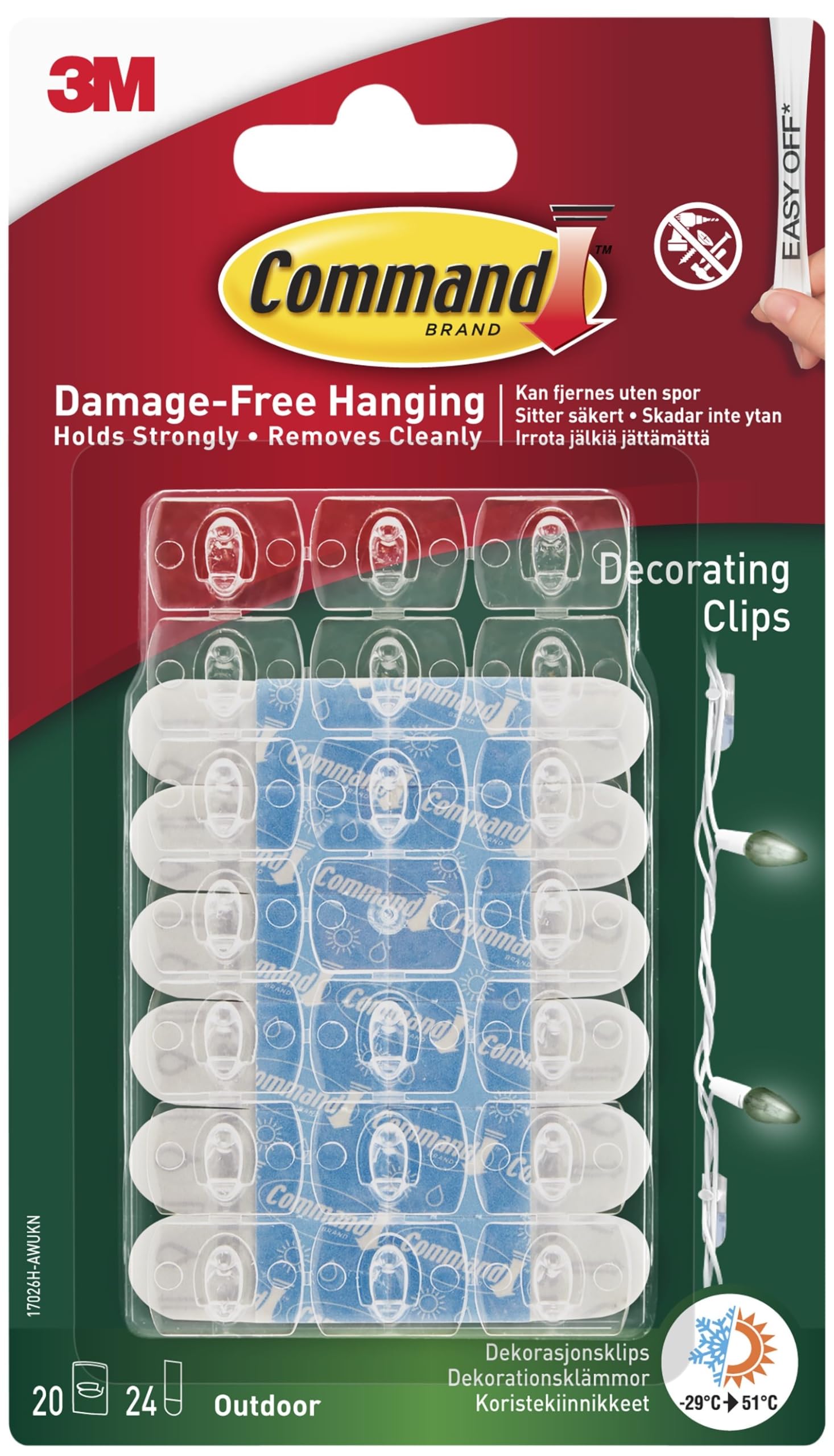 CommandOutdoor Decorating Clips with Water-Resistant Strips - 20 Mini Clips and 24 Small Adhesive Strips, Transparent - for Decorations and Fairy Lights - Damage Free Hanging