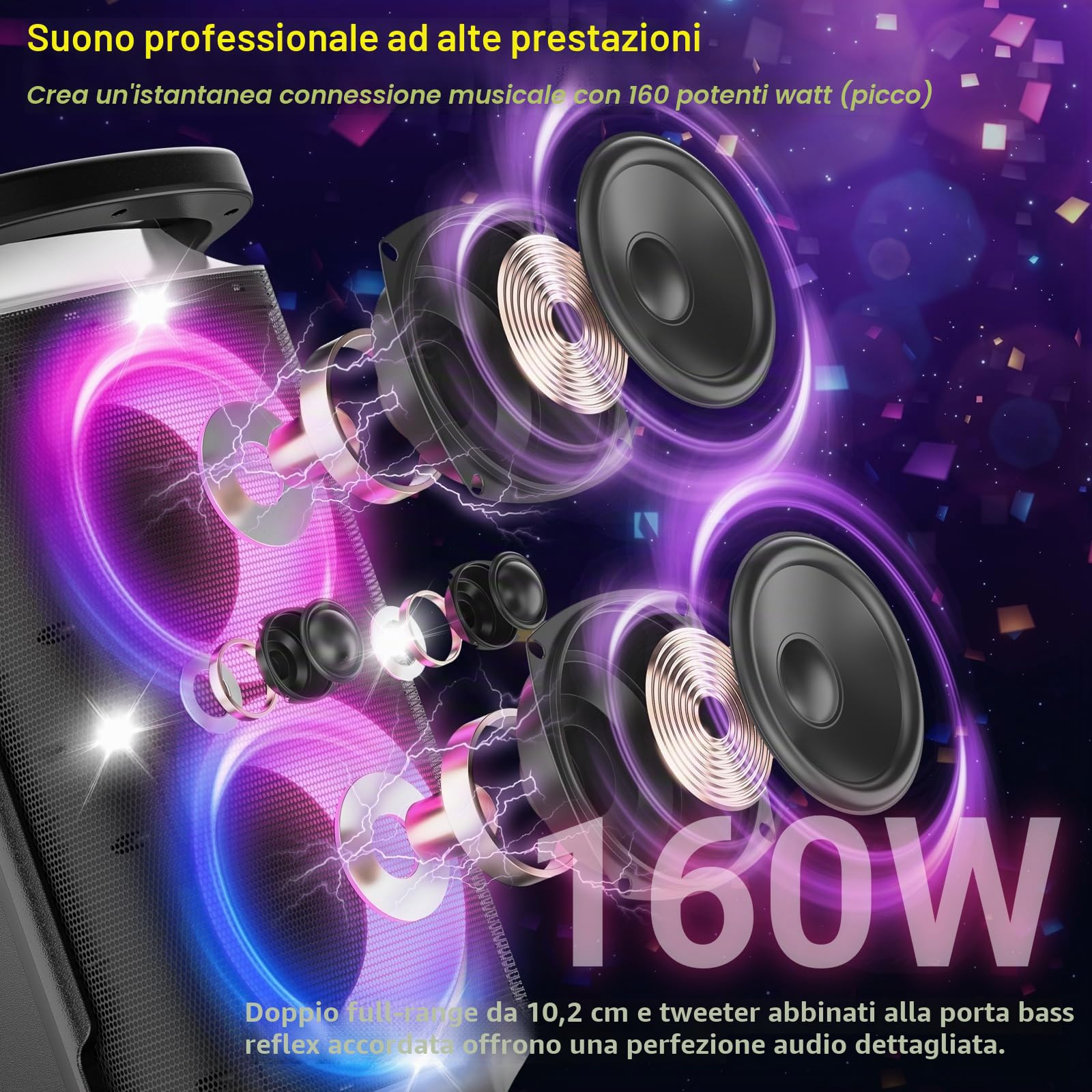 TPBEAT Cassa Bluetooth Portatile Potente,160W (Peak) Party Wireless Altoparlante Bluetooth, Super Bass, Speaker TWS Stereo, Batteria 15000 mAh, Fast Charging, con Luce LED per Party, Campeggio