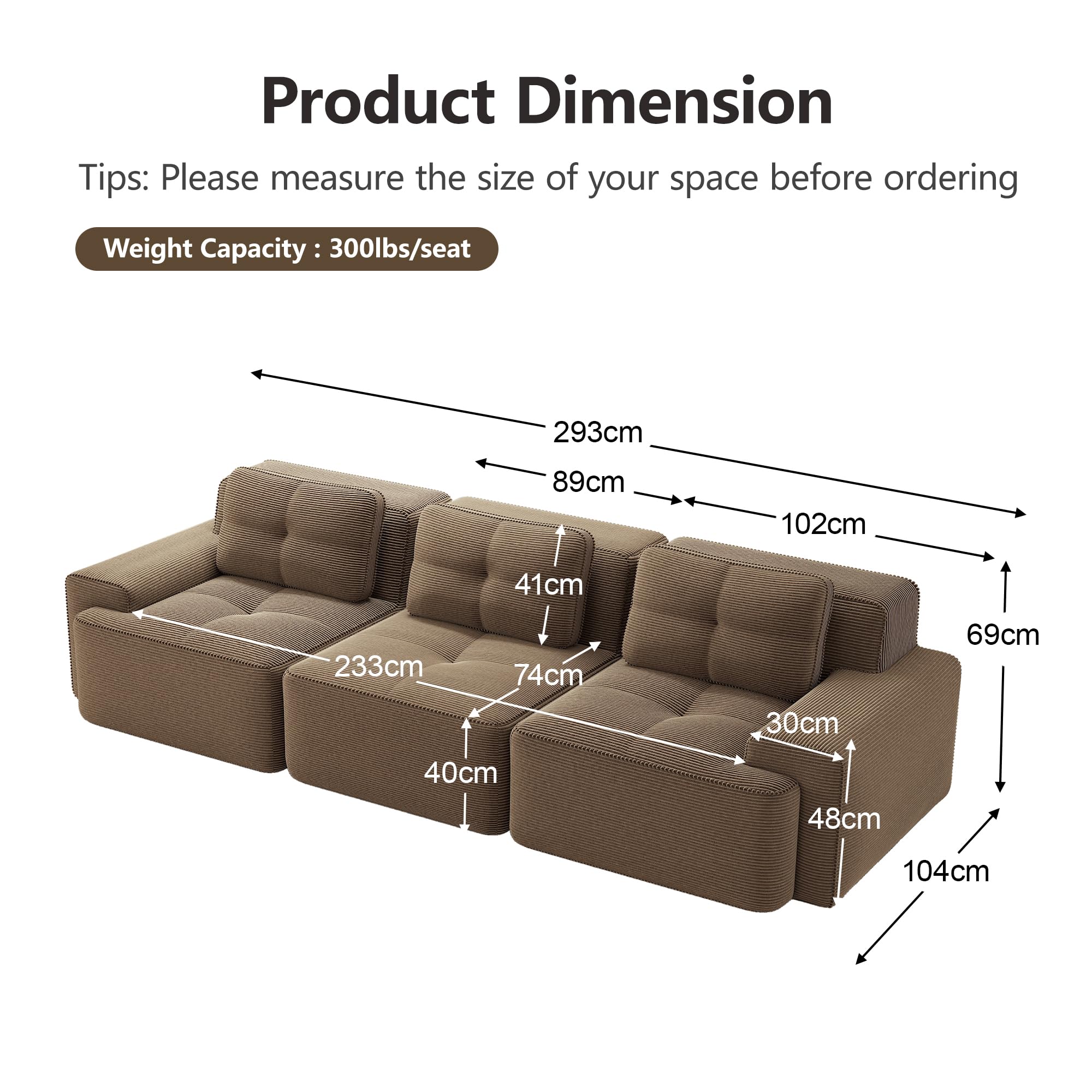 Boneless Sofá de 3 plazas, asiento bajo, modular, sofá esquinero modular de gran tamaño, sofá en la nube de pórtico cómodo sofá para sala de estar sofá sin montaje