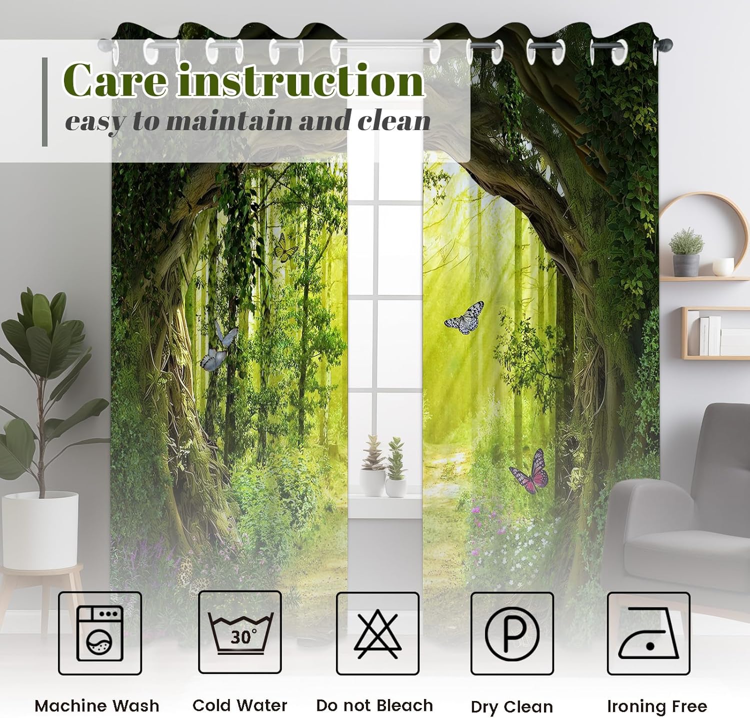 Enchanted Forest Patterned Blackout Curtains Tree Scenic Nature Green Curtains for Bedroom Living Room Black Out 84 Inch Length 2 Panels Set, 96 x 52 Inch