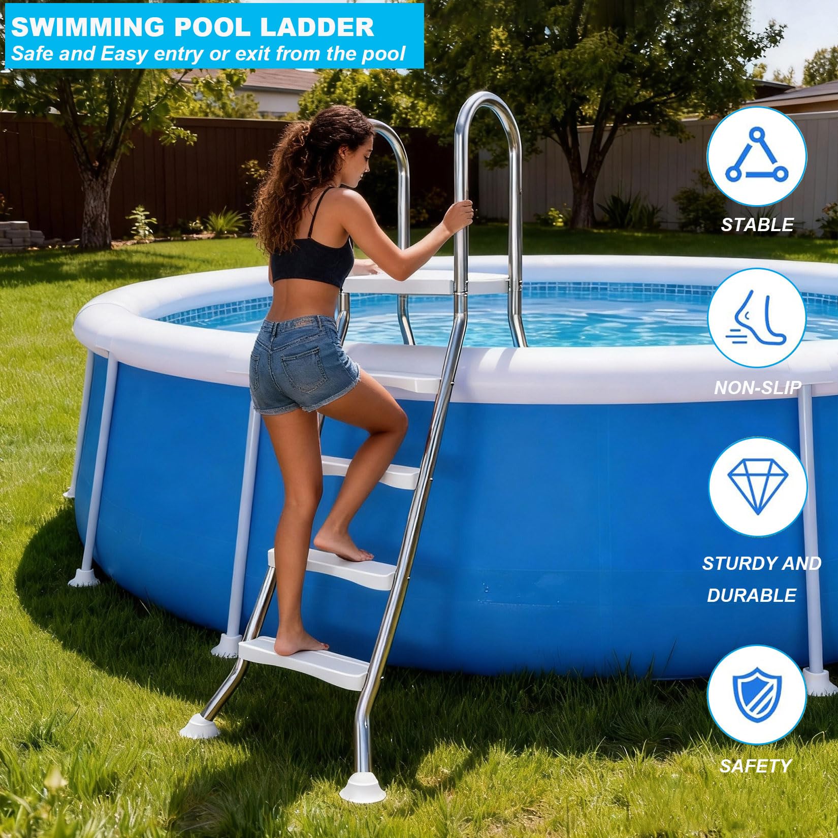 Escalera de piscina sobre el suelo, escalera de seguridad de acero inoxidable 304, escalones antideslizantes, carga máxima de 500 libras