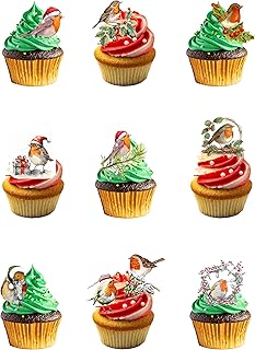 30 Stand Up Christmas Robins Themed Edible Wafer Paper Cake Toppers Decorations