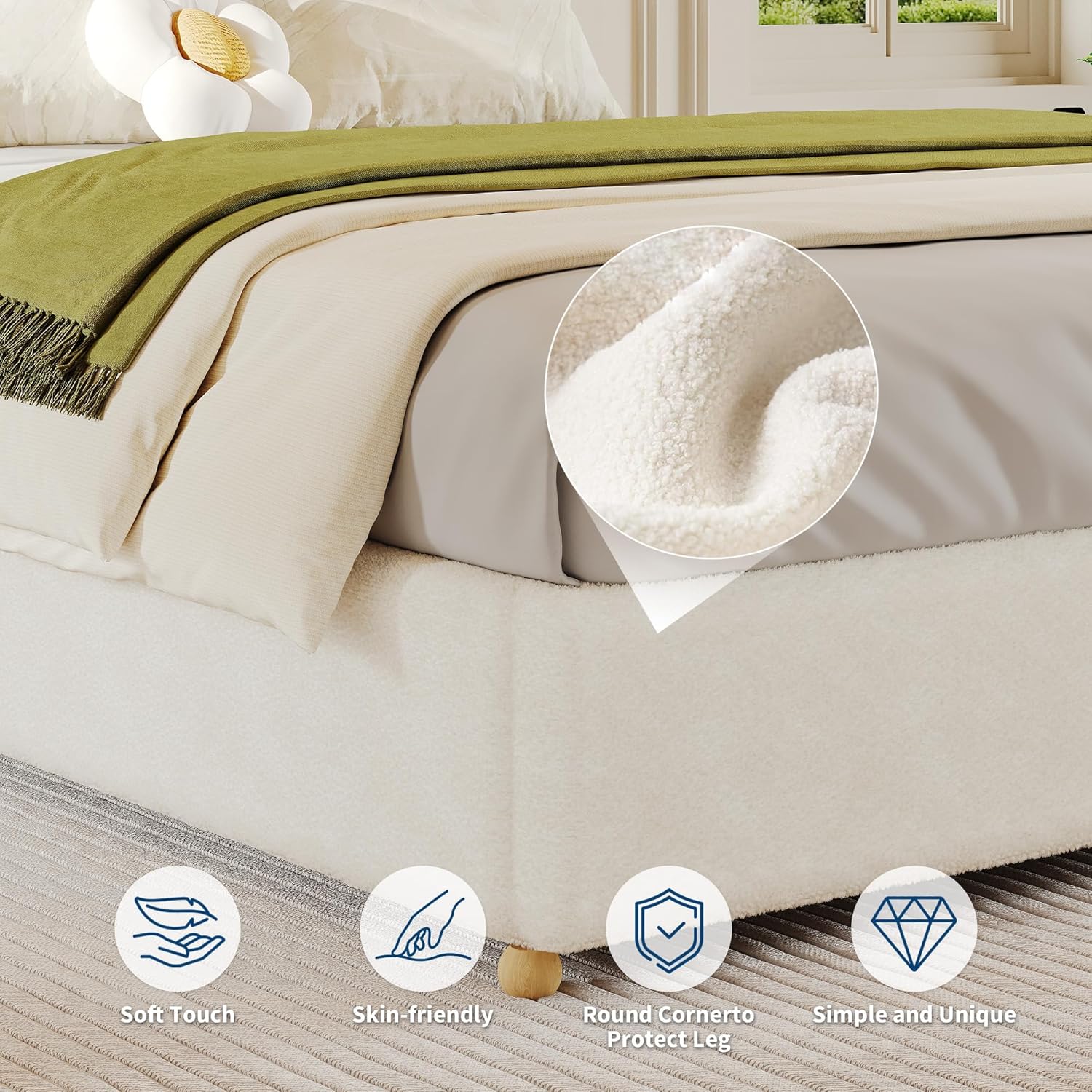 Garvee Queen Cloud Bed Frame, Corduroy Soft Fabric Low Bed Frames with Solid Wood Round Legs,Queen Size Platform Bed Without Headboard, No Box Spring Needed, Noiseless, Beige