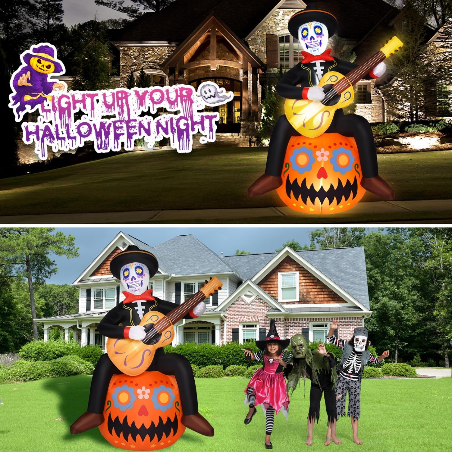 Rocinha 8FT Halloween Inflatables Pumpkin Sugar Skull Guitar Day of The Dead Inflatable Outdoor Decorations Dia De Los Muertos Decorations with LED Lights Halloween Blow Up Yard