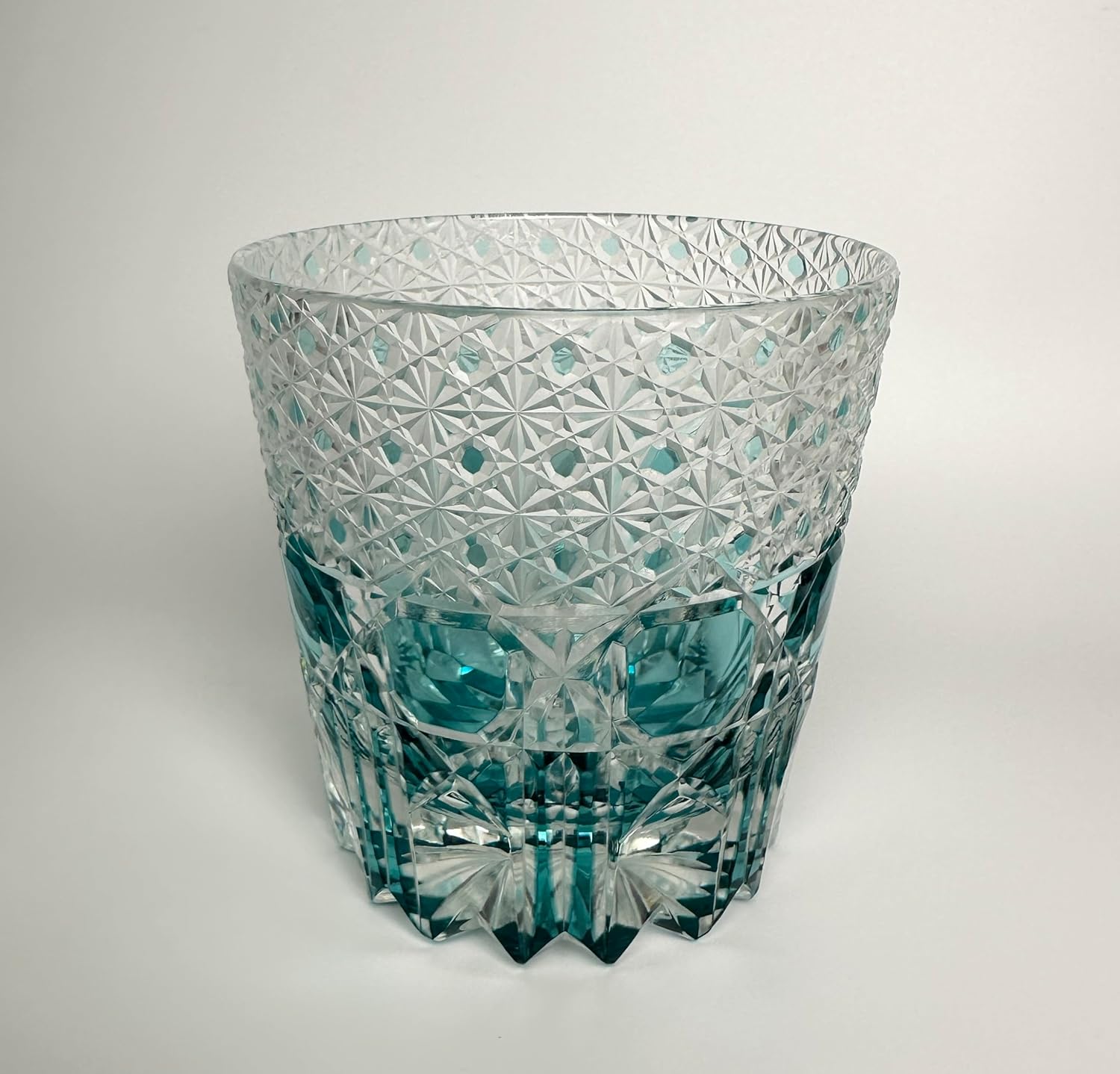 Hand-Cut Whiskey Glass – Japanese-Style Edo Kiriko Inspired Sea Aquamarine Fluorite Tumbler, 10oz Lead-Free Blown Glass with Faceted Blue Design