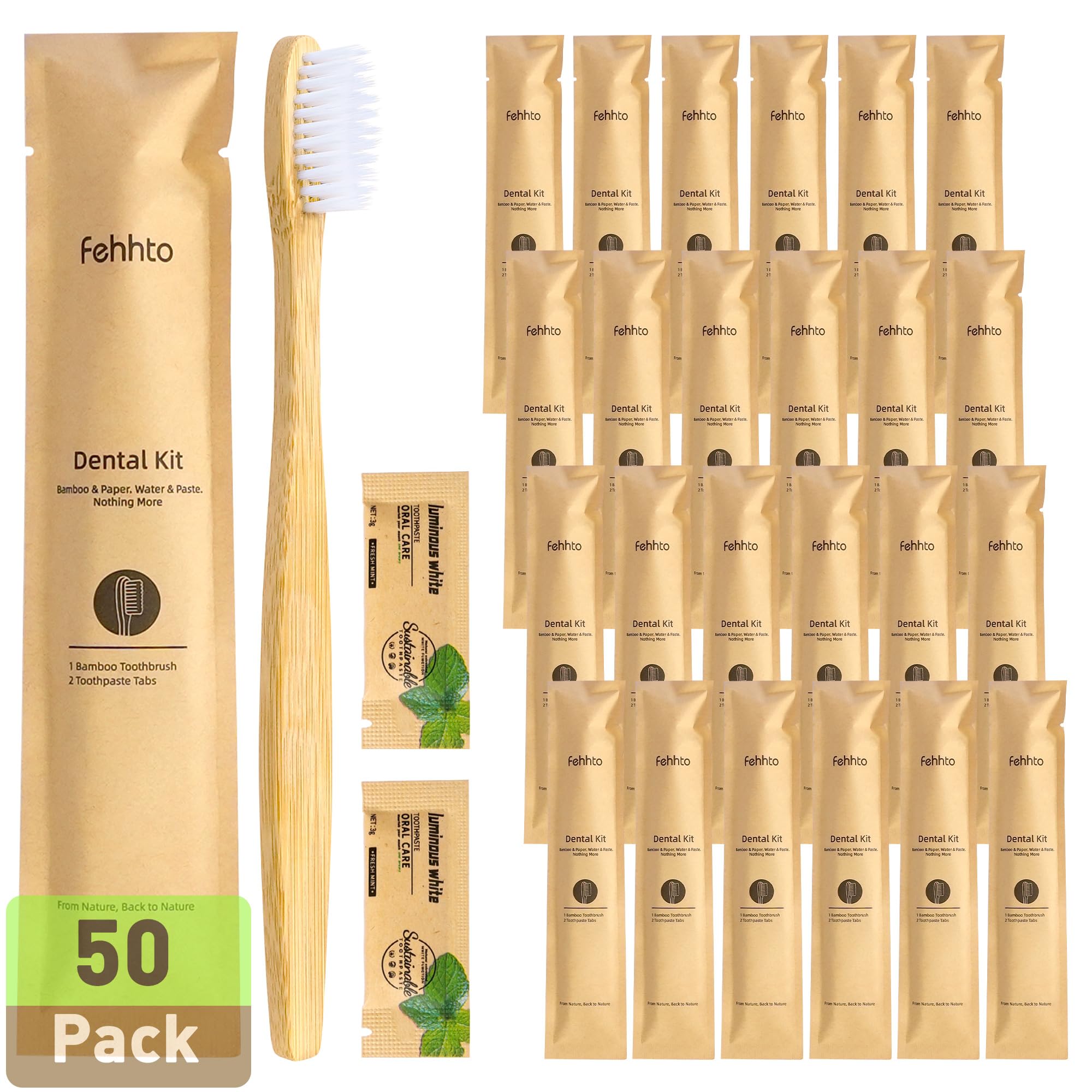 Kit de cepillos de dientes de bambú a granel, paquete de 50 cepillos de dientes desechables de cerdas suaves con pasta de dientes (6 g), kit dental para invitados envuelto individualmente para