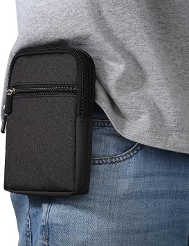 Small Cell Phone Holster with Belt Loop, Men Mobile Phone Belt Clip Pouch, Mens Bag Zippered Phone Belt Holder Phone Case with Clip Bumbag Protector Waist Pouch Wallet with Carabiner Hook Belt Loop