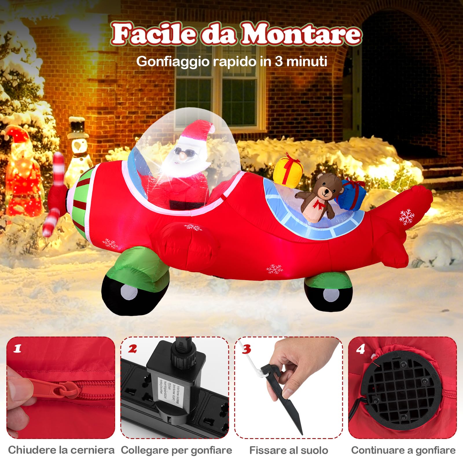 COSTWAY Babbo Natale Gonfiabile su Aereo 120 cm, Decorazione Natalizia da Esterno con Orsetto, Scatole Regalo e Luci LED, Decorazione Gonfiabile Invernale per Festa, per Giardino, Cortile e Casa
