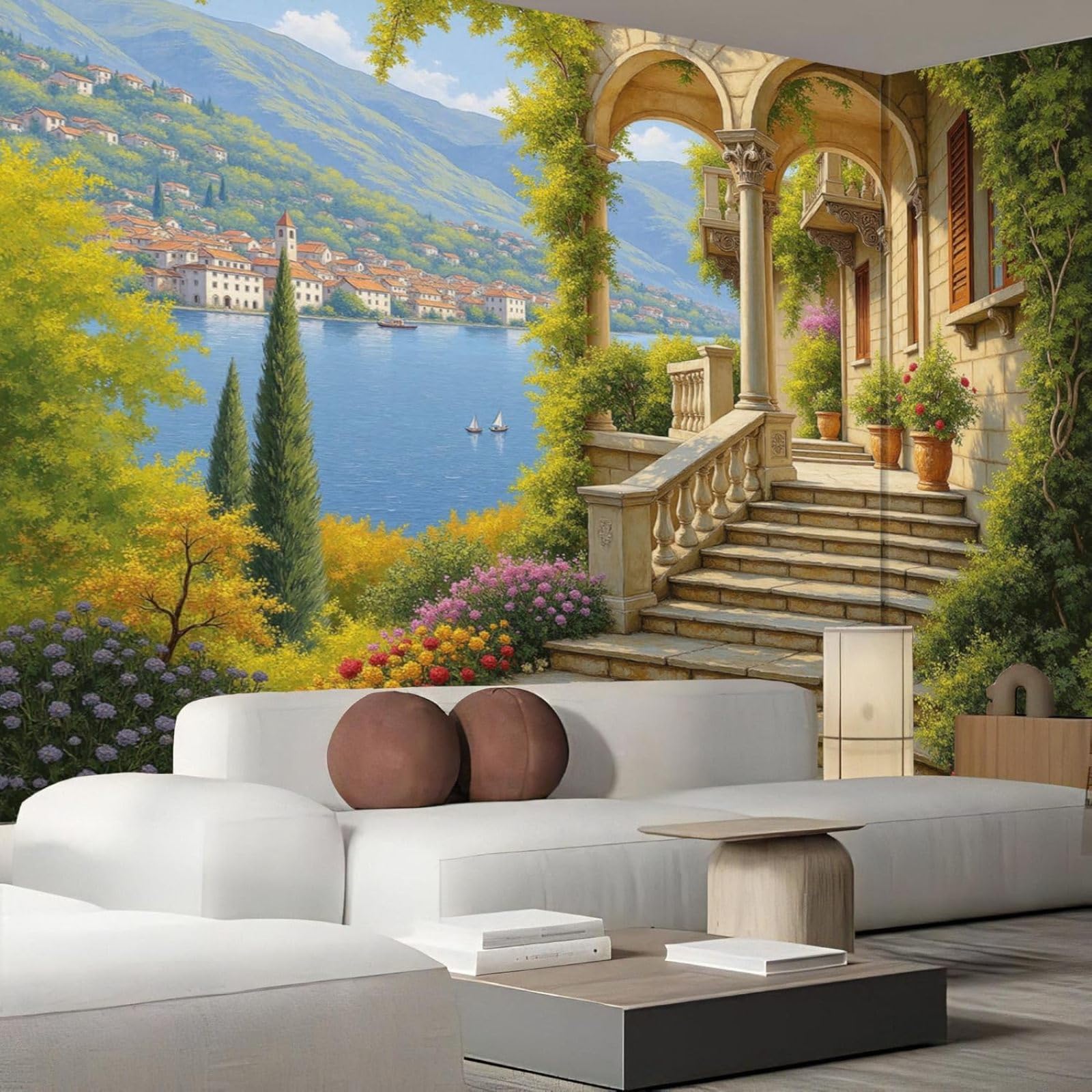 Photo wallpaper Lakes Mountains - Mediterranean Pastoral Modern Wall Green Non-woven for Living Room Bedroom Children's Room Wall Decoration, 400cm x 280cm Stickers - Frameless Painting - Poster