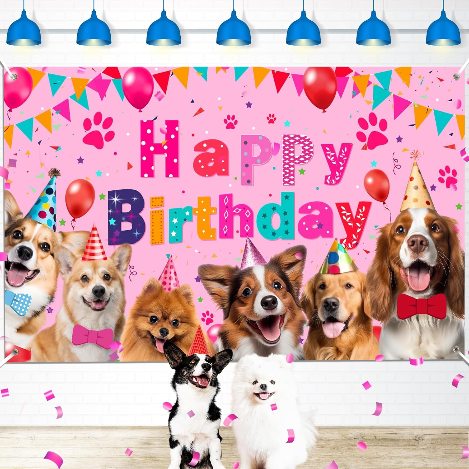 Dog Birthday Decorations Large Dog Birthday Banner Backdrop Puppy Party Decorations Dogs Lets Pawty Party Photography Background for Dogs Kids (Pink)