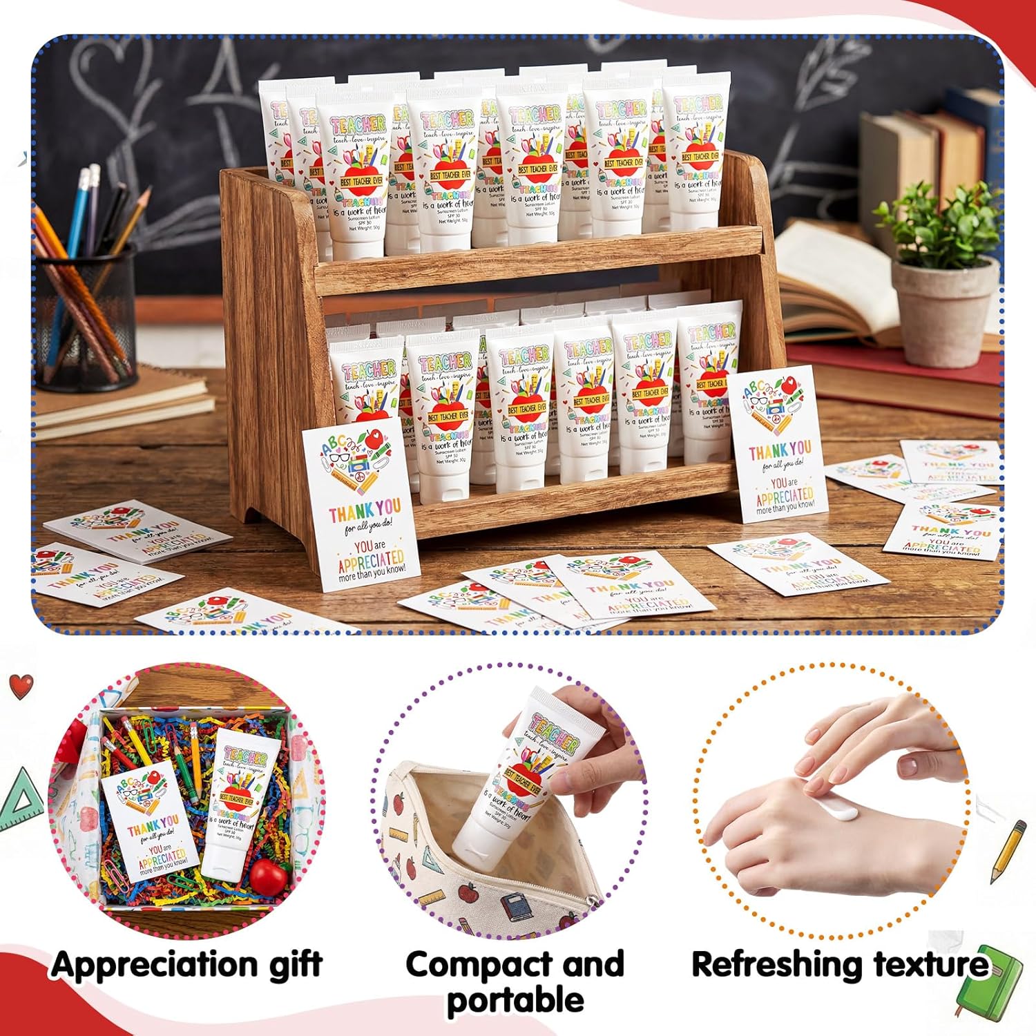 Leelosp 24 Sets Teacher Appreciation Gifts Bulk SPF 30 Mini Sunscreen Lotion with Thank You Card for Teachers Employee Staff Coworkers End of Year Gift Travel Size Summer Party Favors