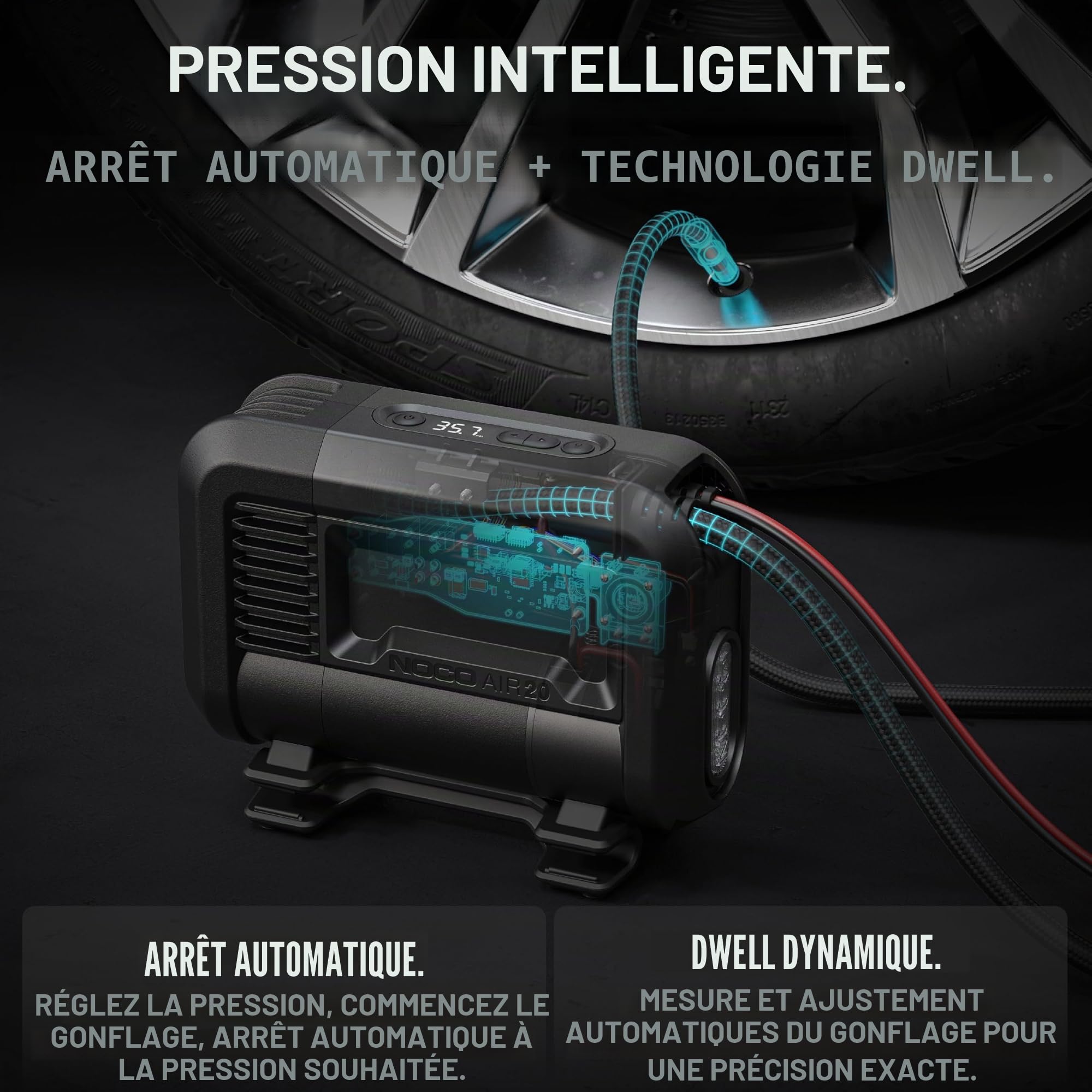 NOCO AIR20: Gonfleur de pneu UltraRapide 20A – Compresseur d’air portable 12V – Débit 47 SLPM – Gonfle de 0 à 40 PSI en 2,5 min – Manomètre numérique + arrêt automatique