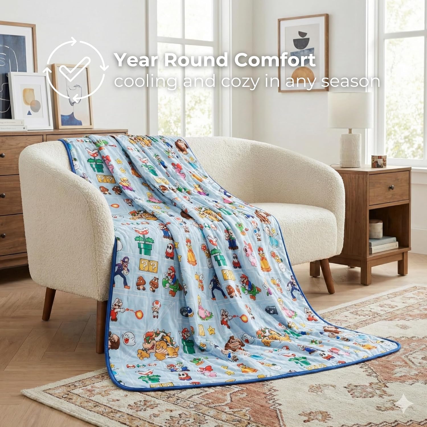Super Mario Gaming Cooling Throw Blanket, 50 x 70 Inch Versatile Lightweight All-Season Throw, Soft Breathable Cooling Fabric for Couch, Bed & Sofa (Officially Licensed Product) by Franco Calm