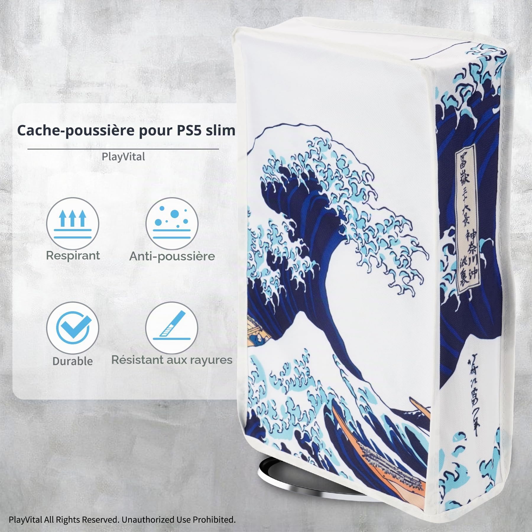 playvital Housse Anti-Poussière pour ps5 Slim Standard Console,Accessoire Protection pour ps5 Slim Cache-Poussière Nylon Dust Cover,Disc Edition-Vertical,Grande Vague Kanagawa