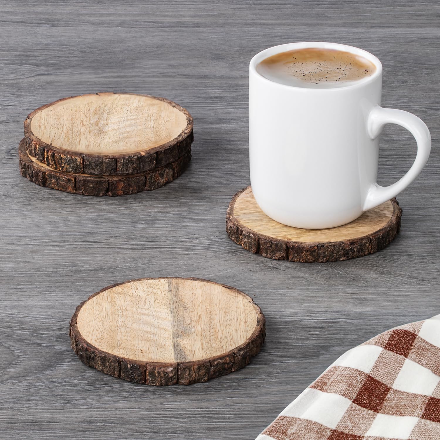 Thirstystone Urban Farm Round Mango Wood Bark Coasters (Set of 4), Brown