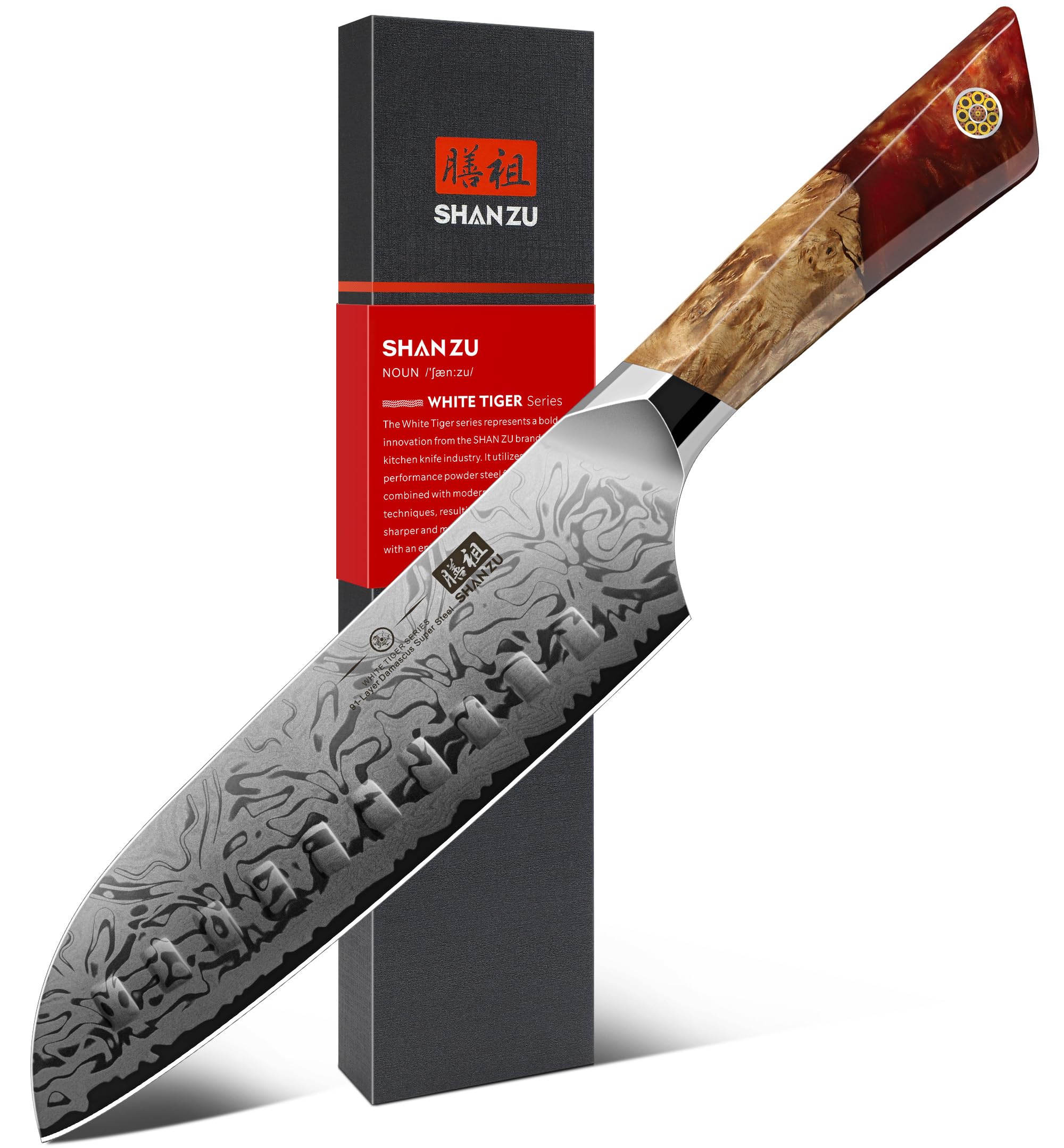 SHAN ZU Couteau Santoku Damas, Couteau de Cuisine Japonais 20cm | 91 Lagen handgeschmiedetem Damaststahl, ergonomischem Ahorngriff – WHITE TIGER Series