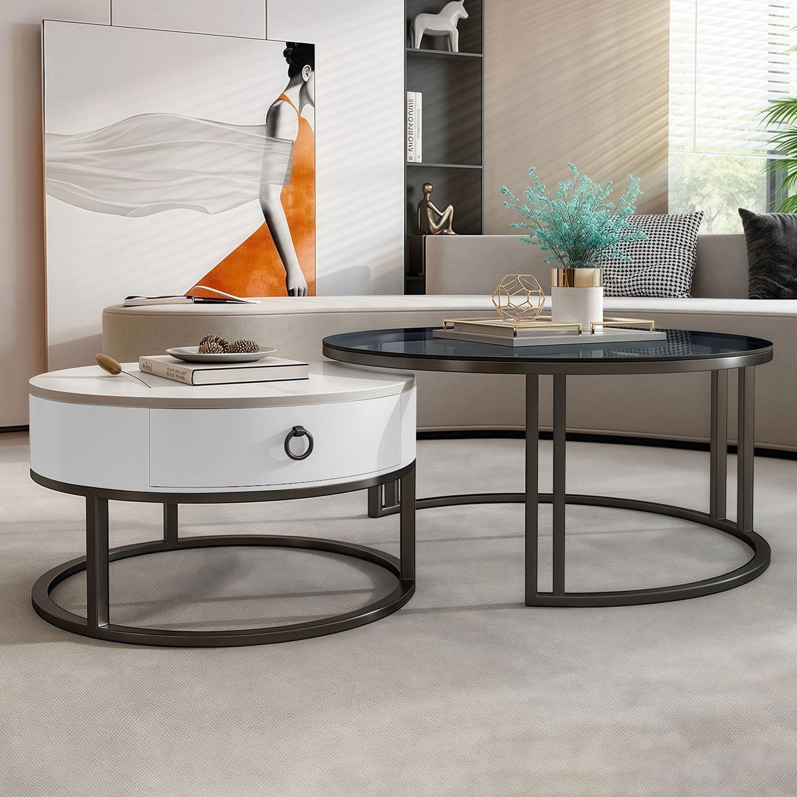 Round Nesting Coffee Table Set of 2 for Living Room, Wooden Storage Drawer