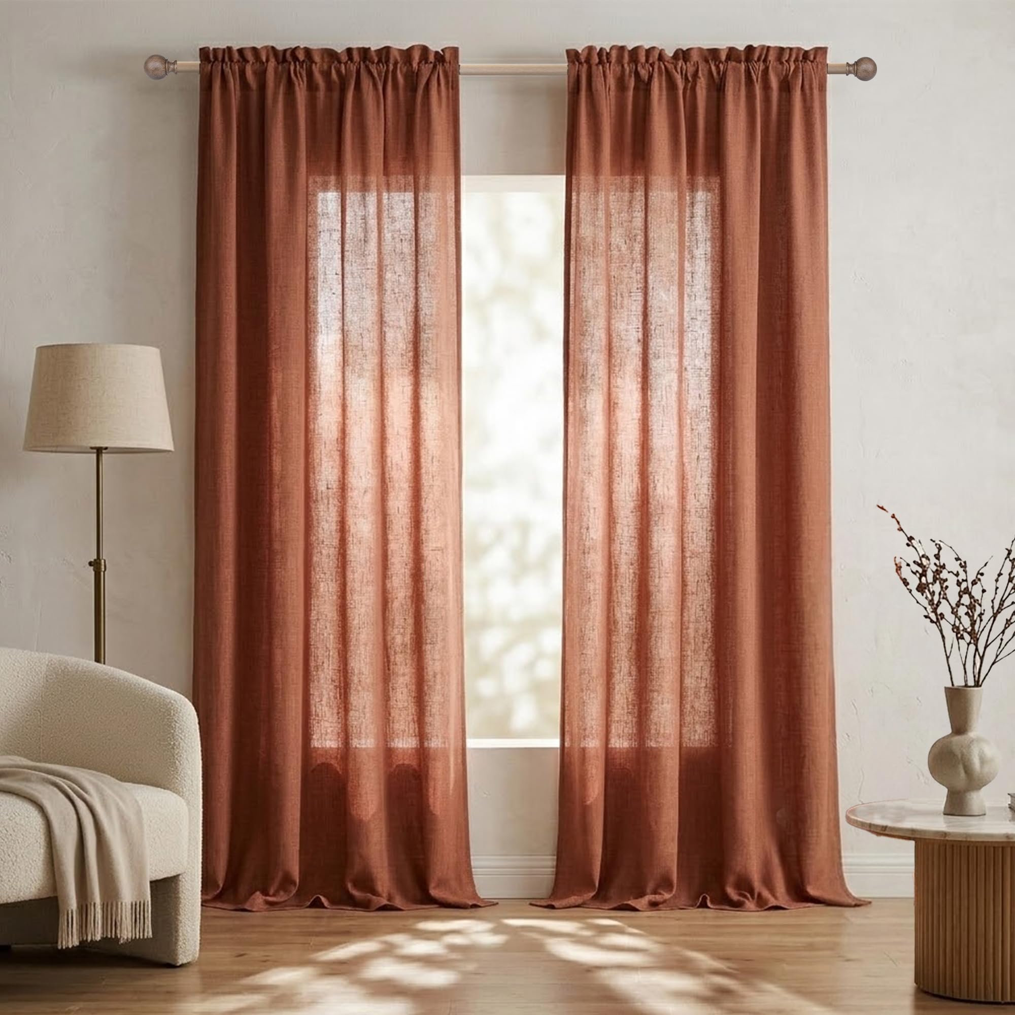 Terracotta Curtains 96 Inches Long for Living Room 2 Panels Rod Pocket Energy Efficient Drapes Lightweight Sheer Linen Rust Curtains for Kids Bedroom Toddler Terra Cotta Red Burnt Orange Colored 8 FT — image 1