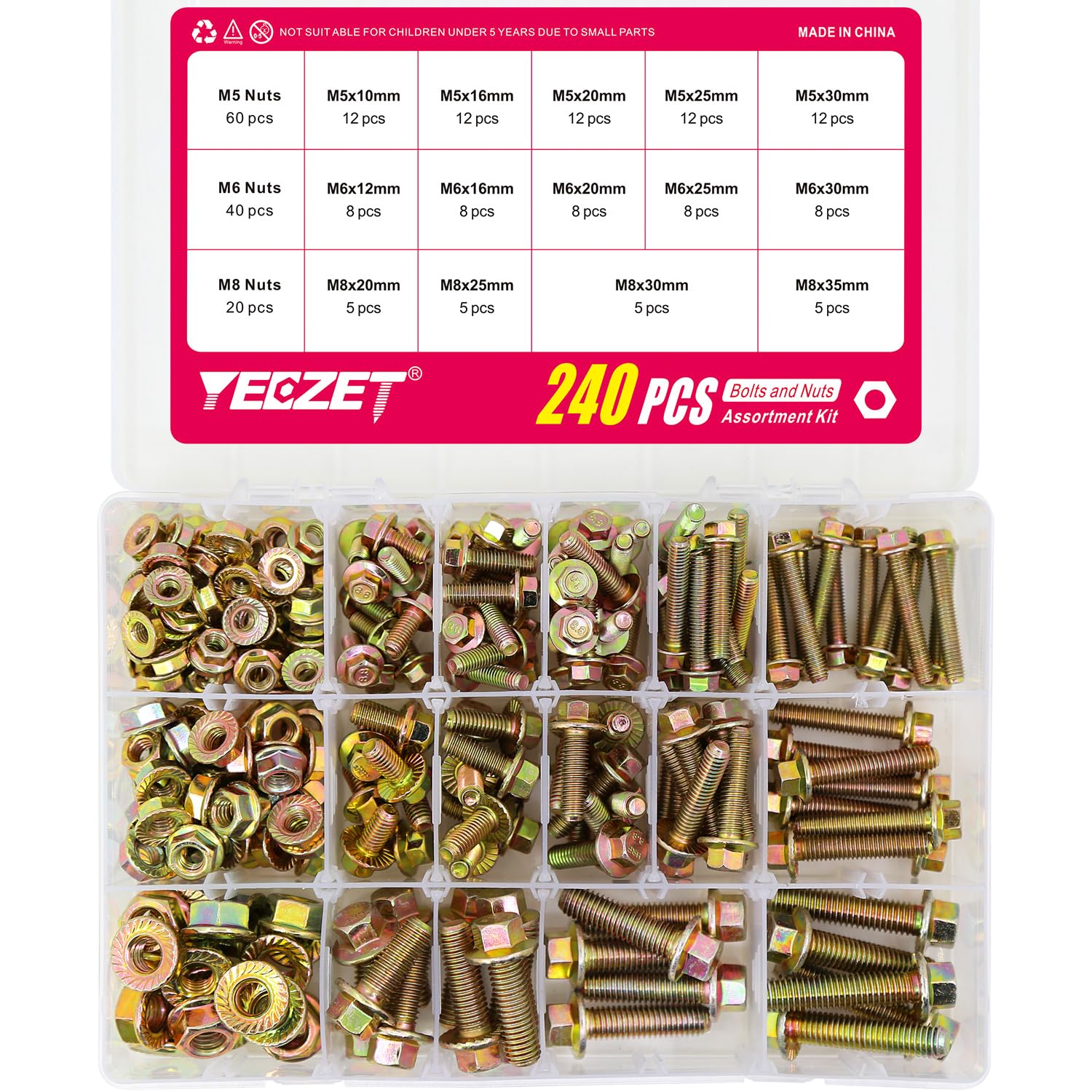 Set di 240 Viti a Flangia M5 M6 M8 e Dadi Flangiati Zincati 8,8 Viti Esagonali e Dadi