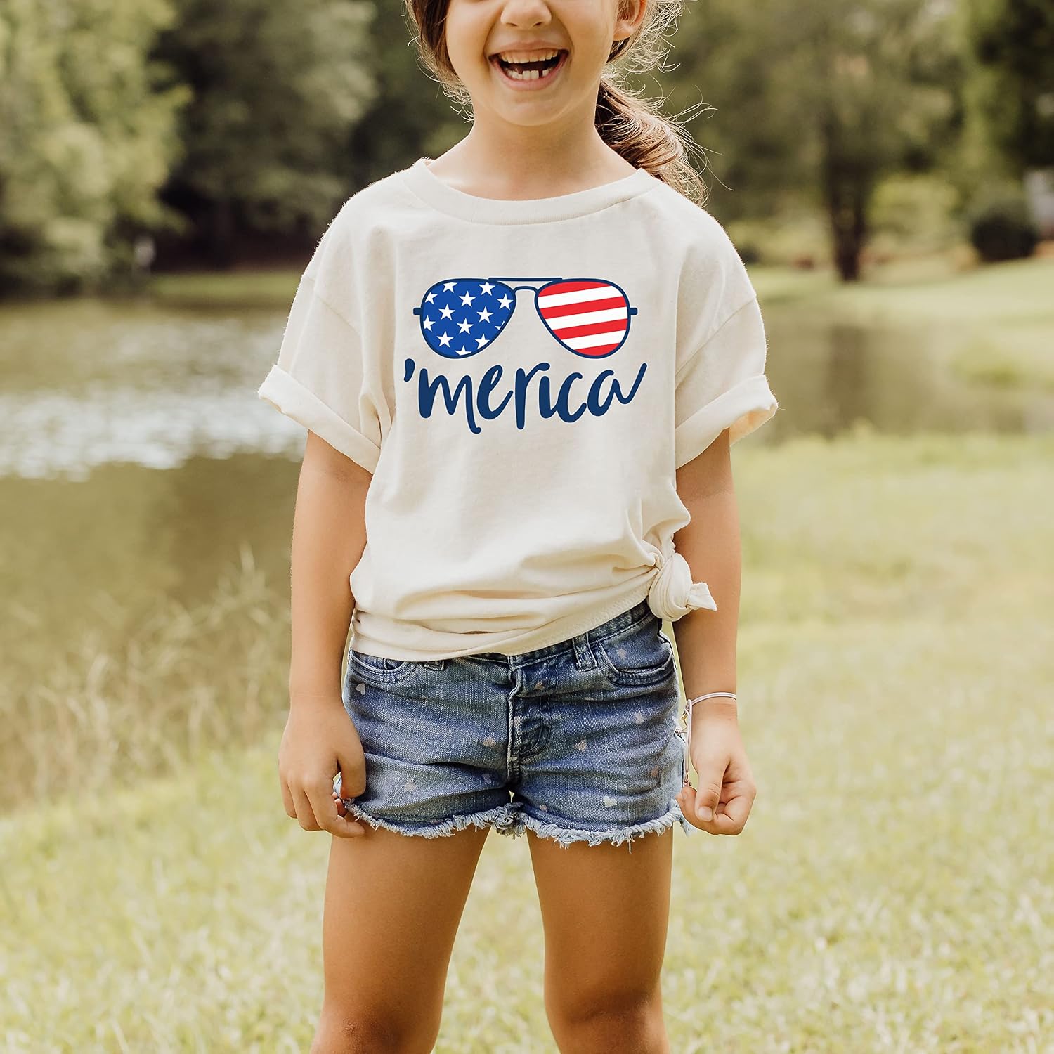 Olive Loves Apple Merica Sunglasses 4th of July Shirts Matching Family Outfits for Independence Day