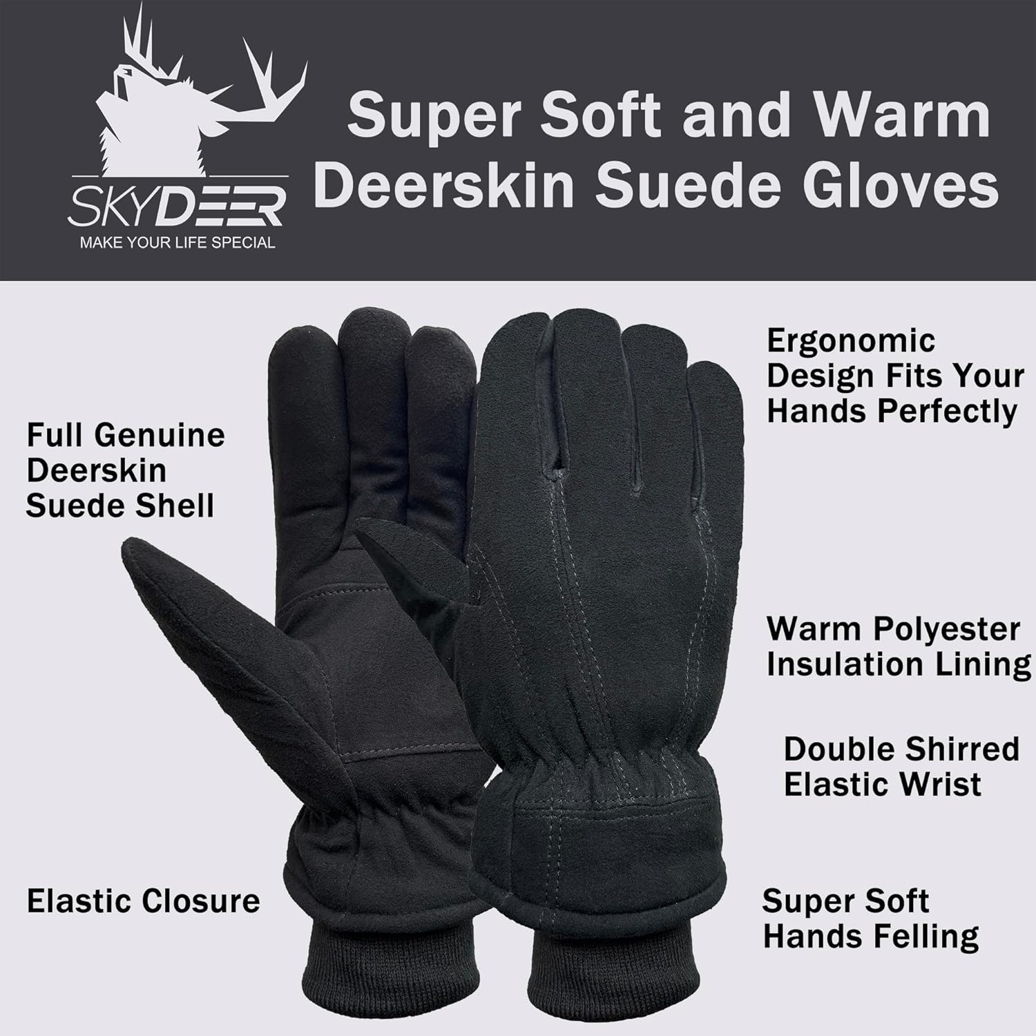 SKYDEER Super Soft and Warm Winter Gloves with Deersplit Leather Suede and 3M Thinsulate Insulation for Cold Weather SD5176T - Image 3