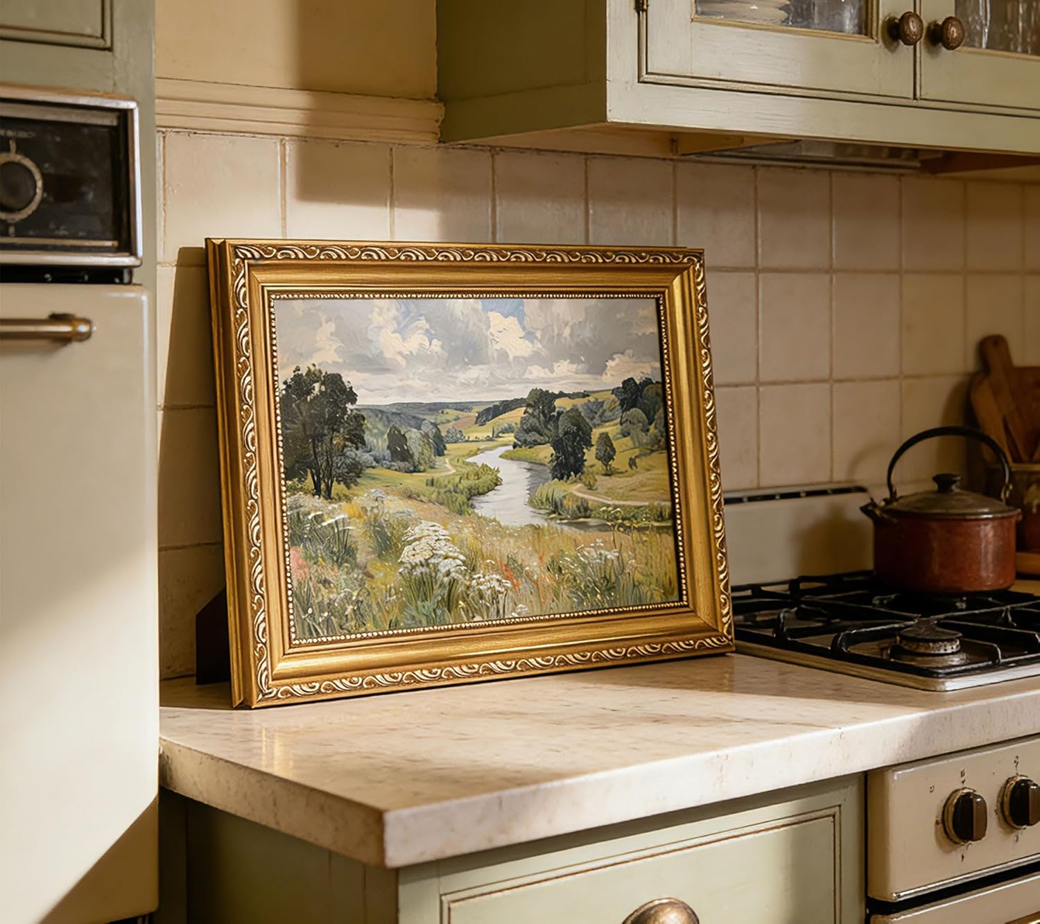 Vintage Gold Framed Canvas Wall Art Natural Valley Pastoral Scenery Painting Picture Wall Decor Retro farmhouse style Poster Print Artwork for Kitchen living room hallway Home Decoration